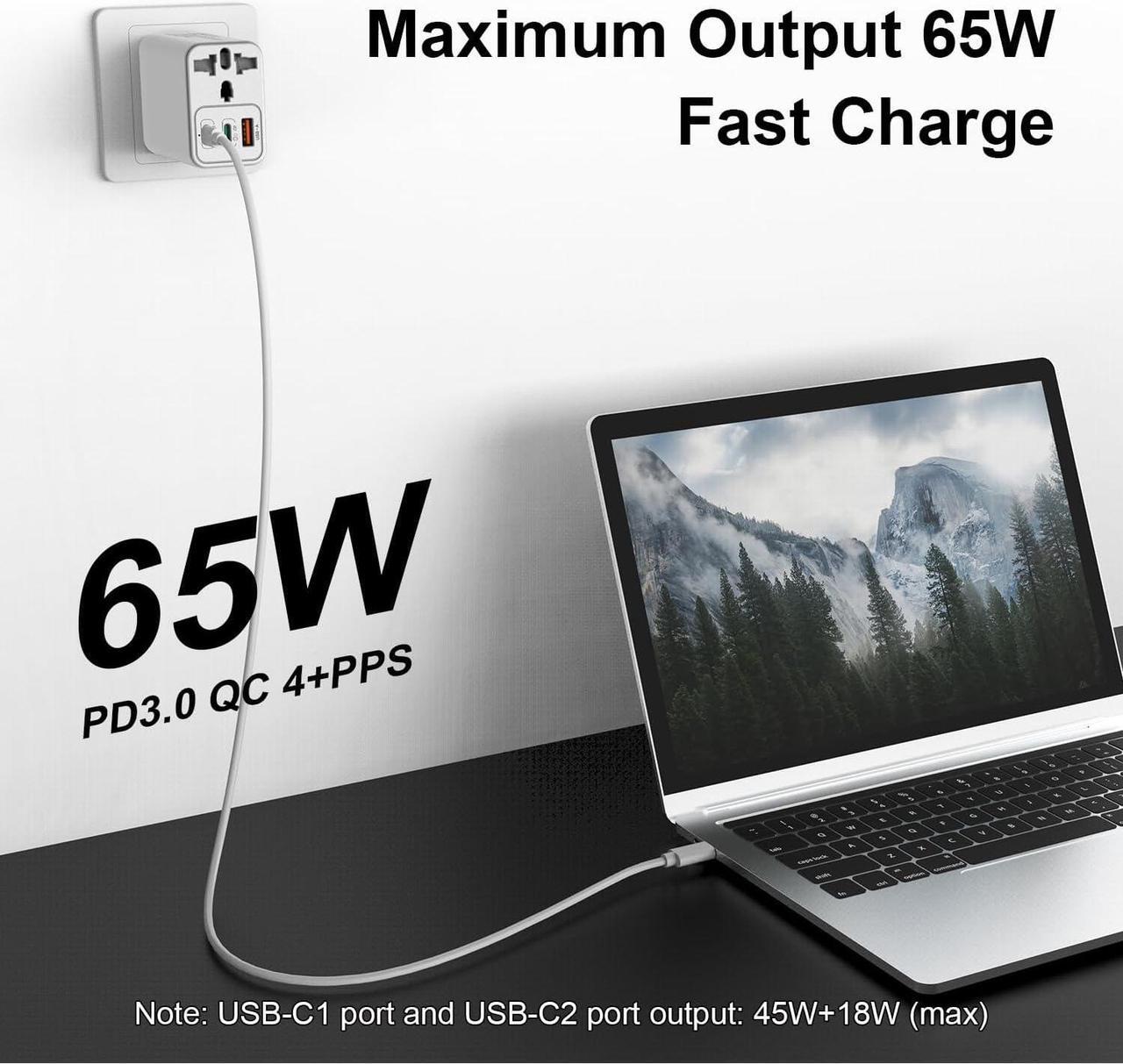 Alt view image 3 of 7 - Universal Travel Adapter,65W GaN International Plug Adapter AC 100-250V Worldwide Travel Essentials USB C Power Adapter with 2 USB C 1 USB A Port Charger Block for US UK AUS EU