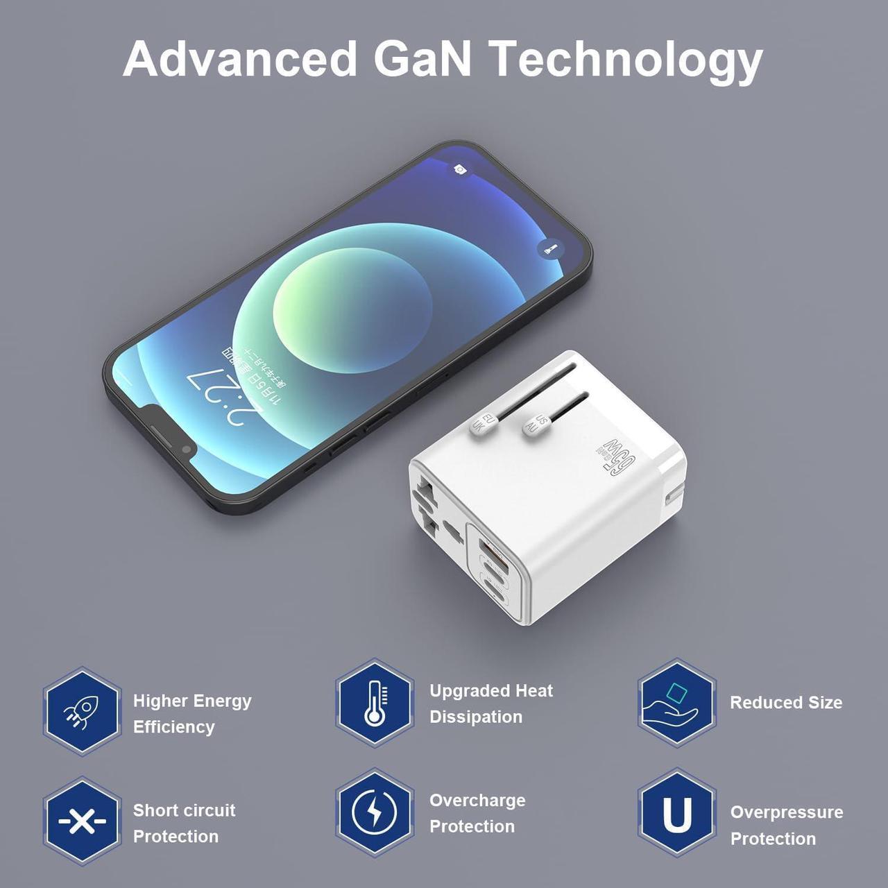 Alt view image 7 of 7 - Universal Travel Adapter,65W GaN International Plug Adapter AC 100-250V Worldwide Travel Essentials USB C Power Adapter with 2 USB C 1 USB A Port Charger Block for US UK AUS EU