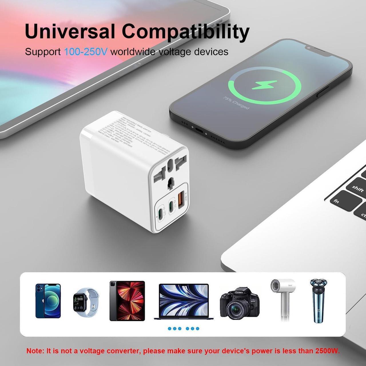 Alt view image 6 of 7 - Universal Travel Adapter,65W GaN International Plug Adapter AC 100-250V Worldwide Travel Essentials USB C Power Adapter with 2 USB C 1 USB A Port Charger Block for US UK AUS EU