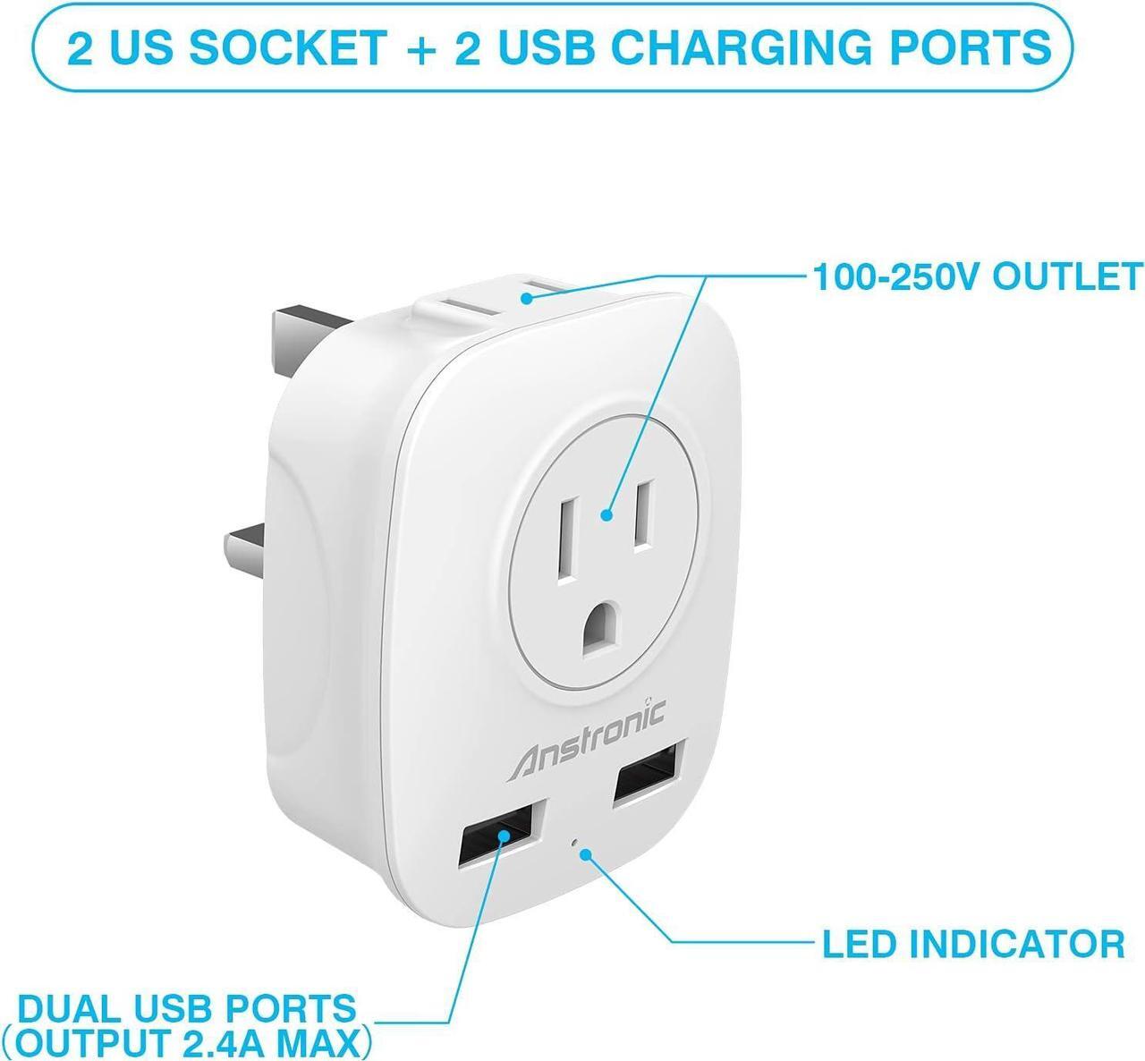 Alt view image 2 of 7 - [3-Pack] US to UK Ireland Travel Plug Adapter, Anstronic International Power Adaptor with 2 USB, 4 in 1 Type G Power Outlet Adaptor for USA to England Kenya Dubai Irish Scotland