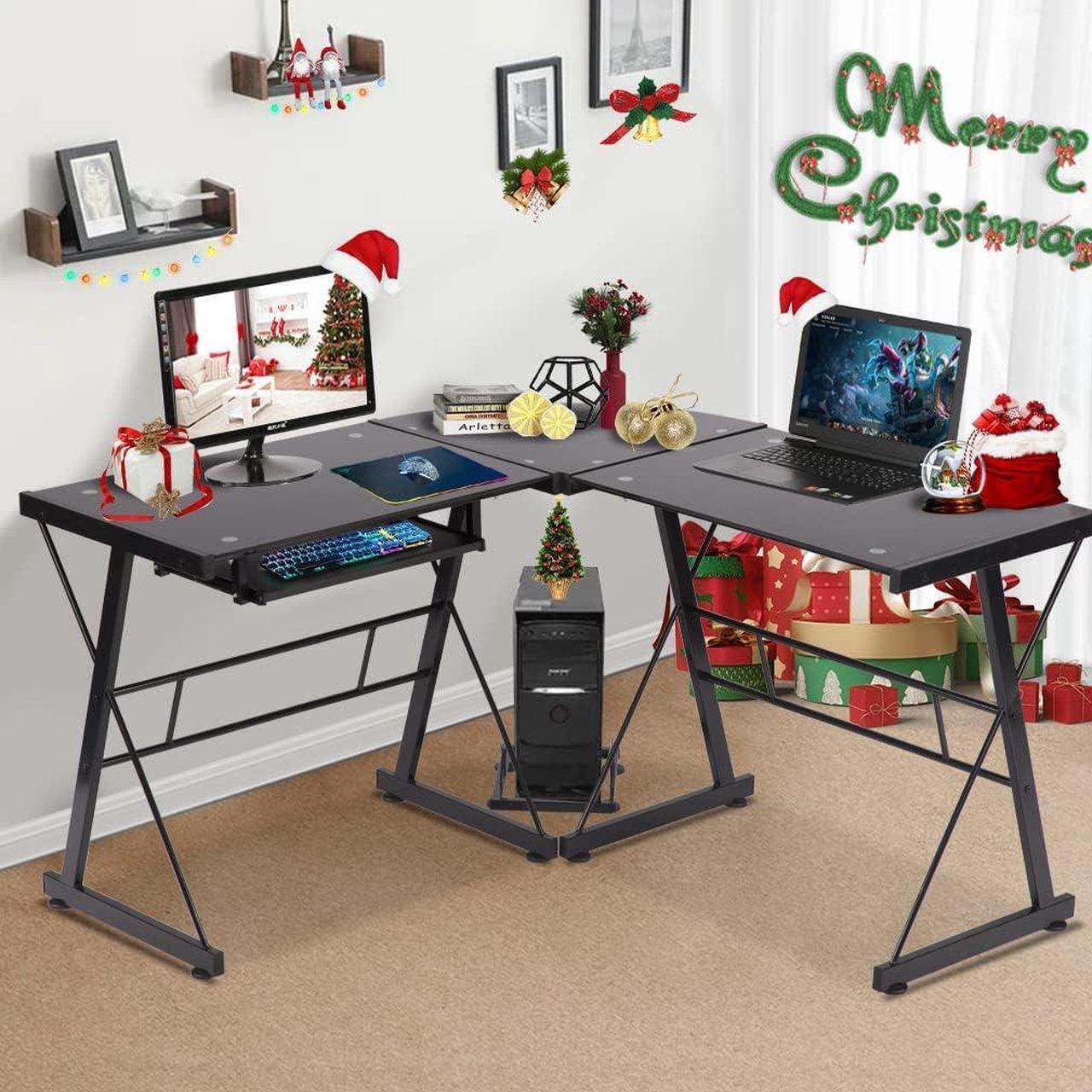 Main image of L Shaped Computer Desk Office Desk Gaming Writing Corner Desk Study PC Laptop Table Workstation with Keyboard Tray and CPU Stand Shelf for Home Office Large 3-Piece Modern Glass Computer Desk, Black