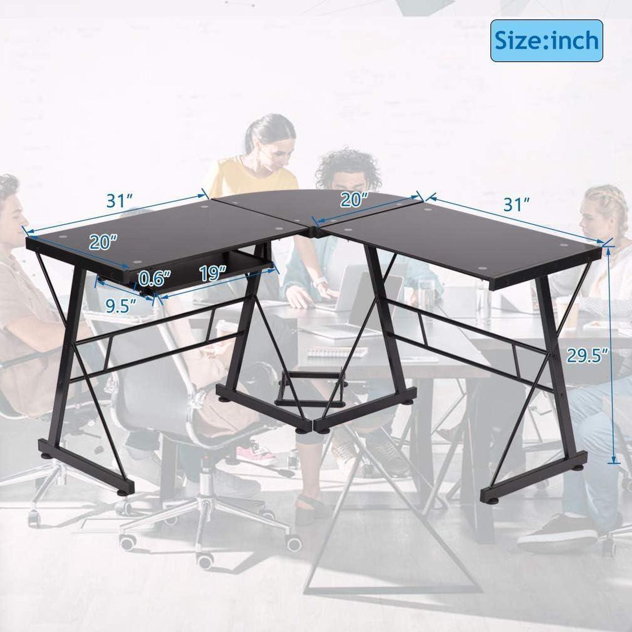 Alt view image 2 of 7 - L Shaped Computer Desk Office Desk Gaming Writing Corner Desk Study PC Laptop Table Workstation with Keyboard Tray and CPU Stand Shelf for Home Office Large 3-Piece Modern Glass Computer Desk, Black
