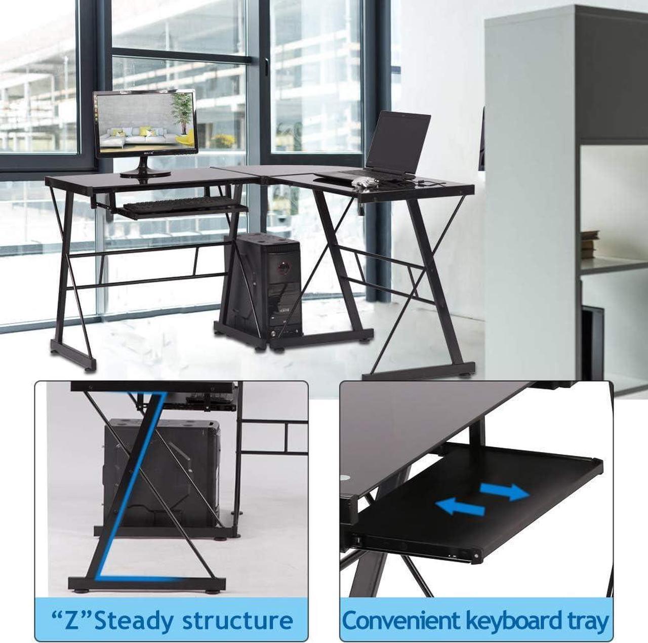 Alt view image 4 of 7 - L Shaped Computer Desk Office Desk Gaming Writing Corner Desk Study PC Laptop Table Workstation with Keyboard Tray and CPU Stand Shelf for Home Office Large 3-Piece Modern Glass Computer Desk, Black
