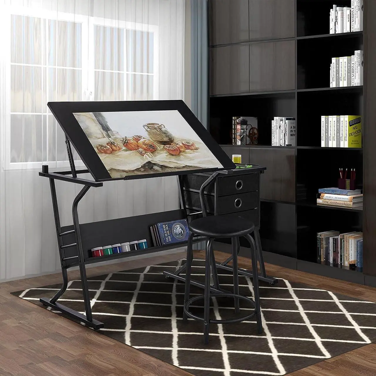 Alt view image 2 of 7 - Yaheetech Drafting Table for Adults/Artists, Drawing Desk, Tabletop Adjustable Art/Craft Desk with Stool and 3 Slide Drawers, Sketching Painting Artwork Station for Art Studio Home Office School