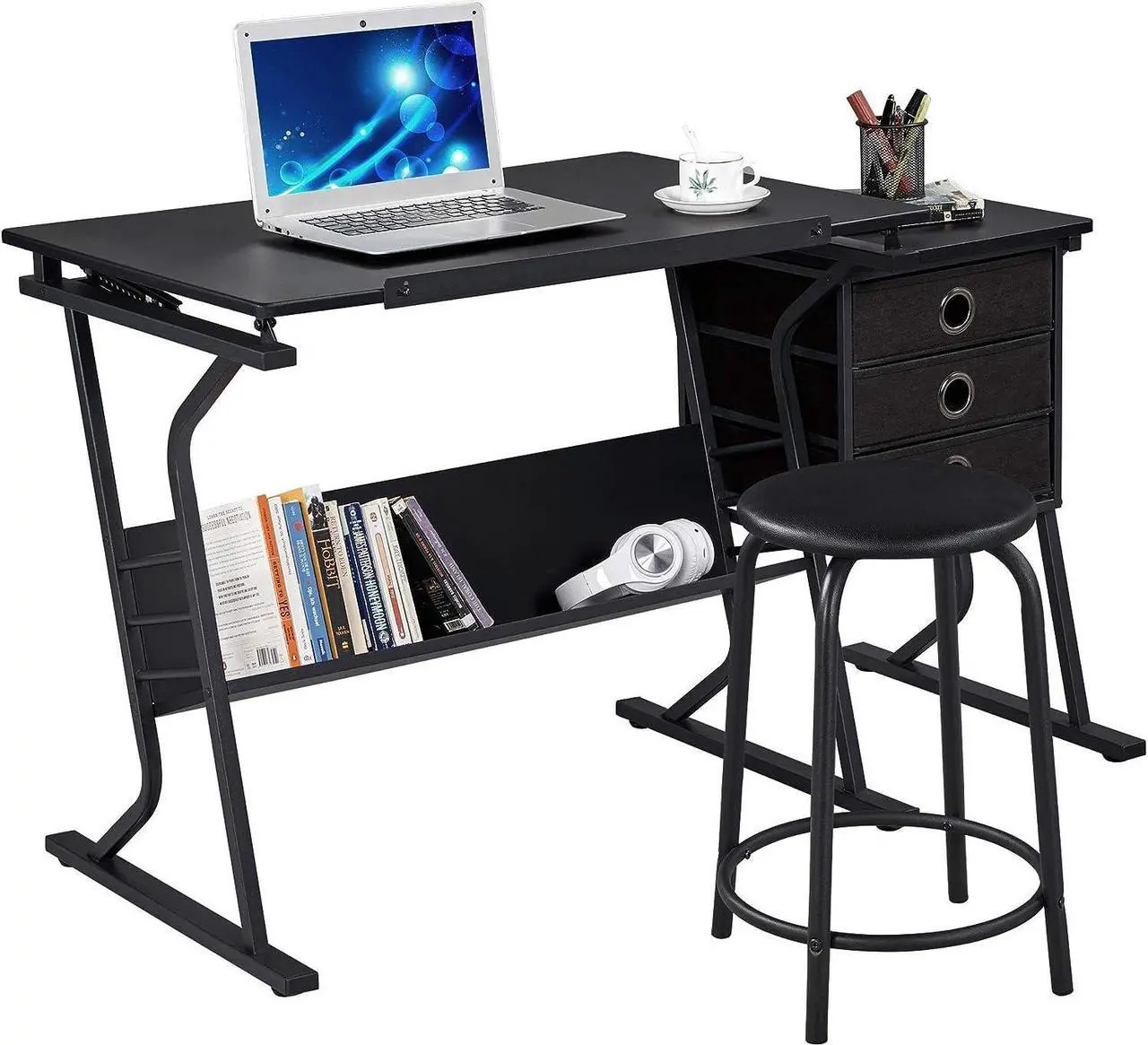 Alt view image 4 of 7 - Yaheetech Drafting Table for Adults/Artists, Drawing Desk, Tabletop Adjustable Art/Craft Desk with Stool and 3 Slide Drawers, Sketching Painting Artwork Station for Art Studio Home Office School