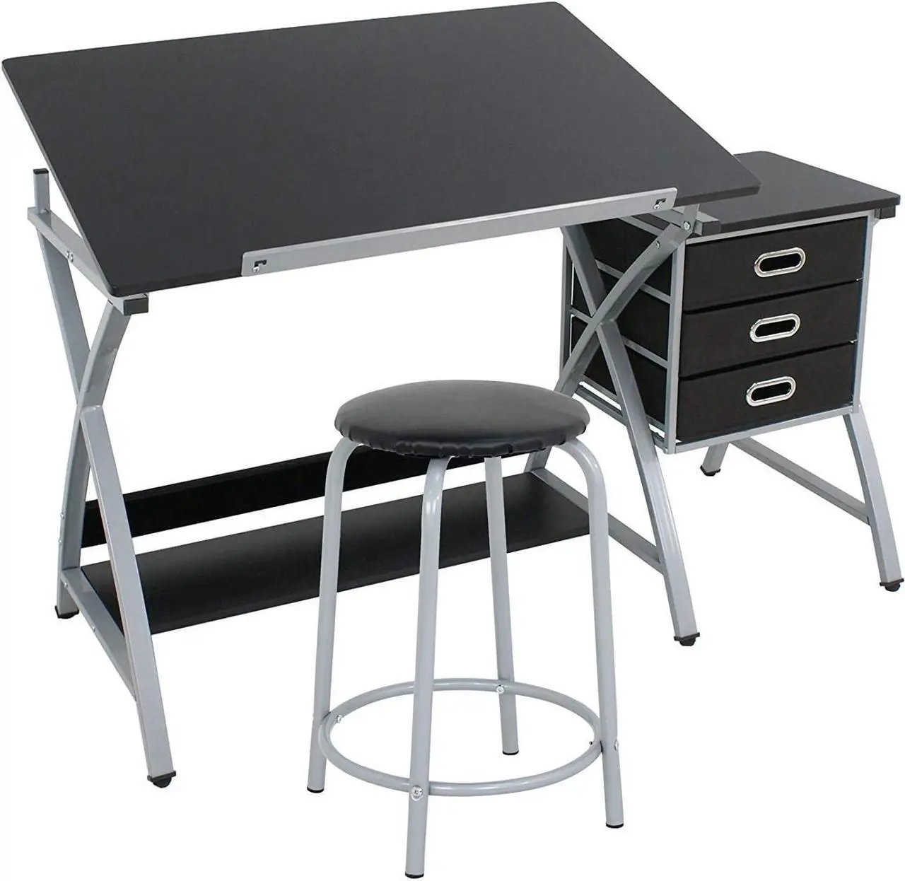 Alt view image 7 of 7 - HomGarden Adjustable Drawing Desk Drafting Table Folding Art Craft Table Station w/Stool and 3 Storage Drawers