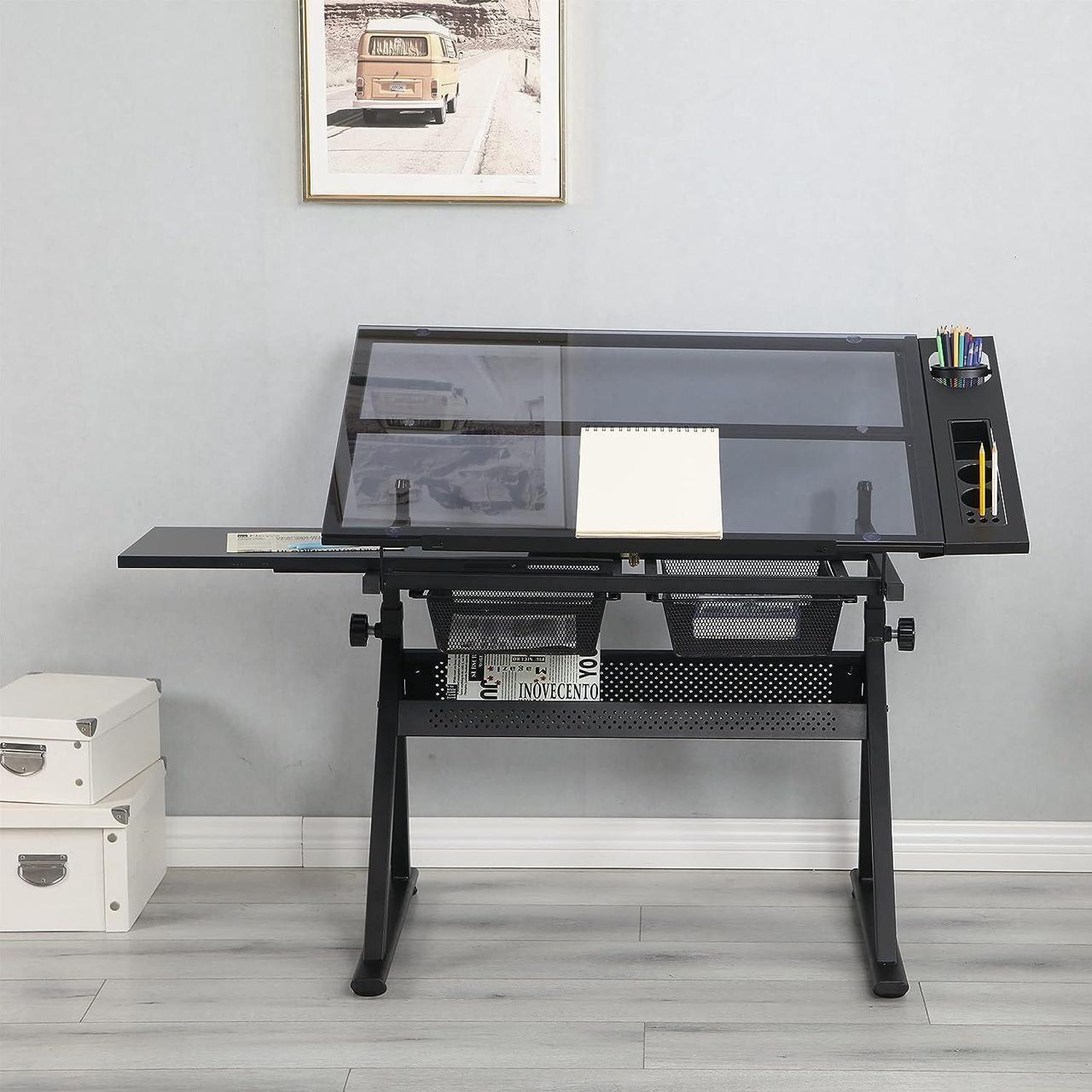 Alt view image 3 of 7 - Height Adjustable Drafting Table - Modern Tempered Glasses Artist Drawing Table Tilted Tabletop with Chair - Glass Topped Art Desk Work Station with Stool for Home Office Black