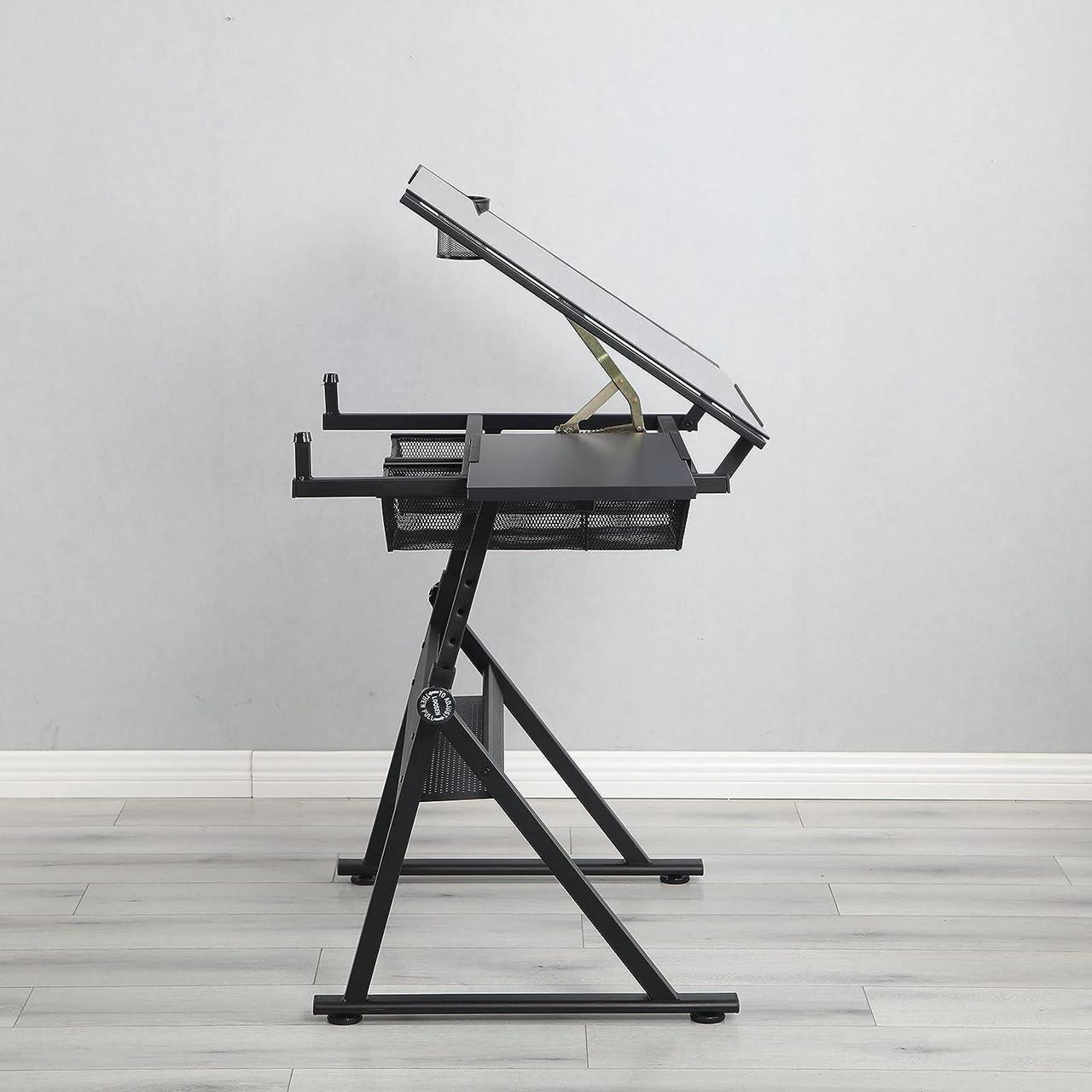 Alt view image 4 of 7 - Height Adjustable Drafting Table - Modern Tempered Glasses Artist Drawing Table Tilted Tabletop with Chair - Glass Topped Art Desk Work Station with Stool for Home Office Black
