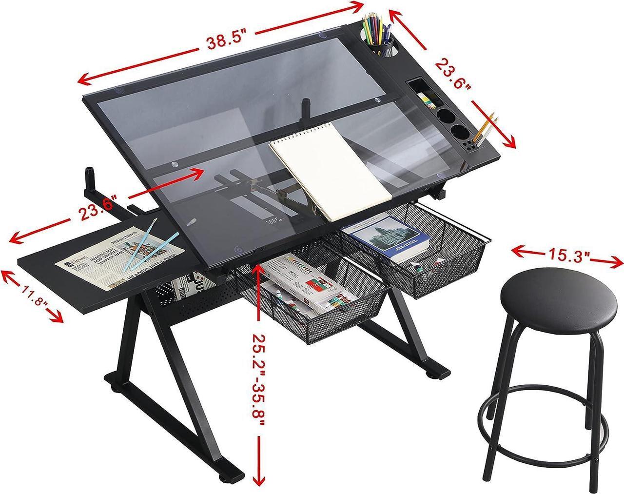Alt view image 2 of 7 - Height Adjustable Drafting Table - Modern Tempered Glasses Artist Drawing Table Tilted Tabletop with Chair - Glass Topped Art Desk Work Station with Stool for Home Office Black