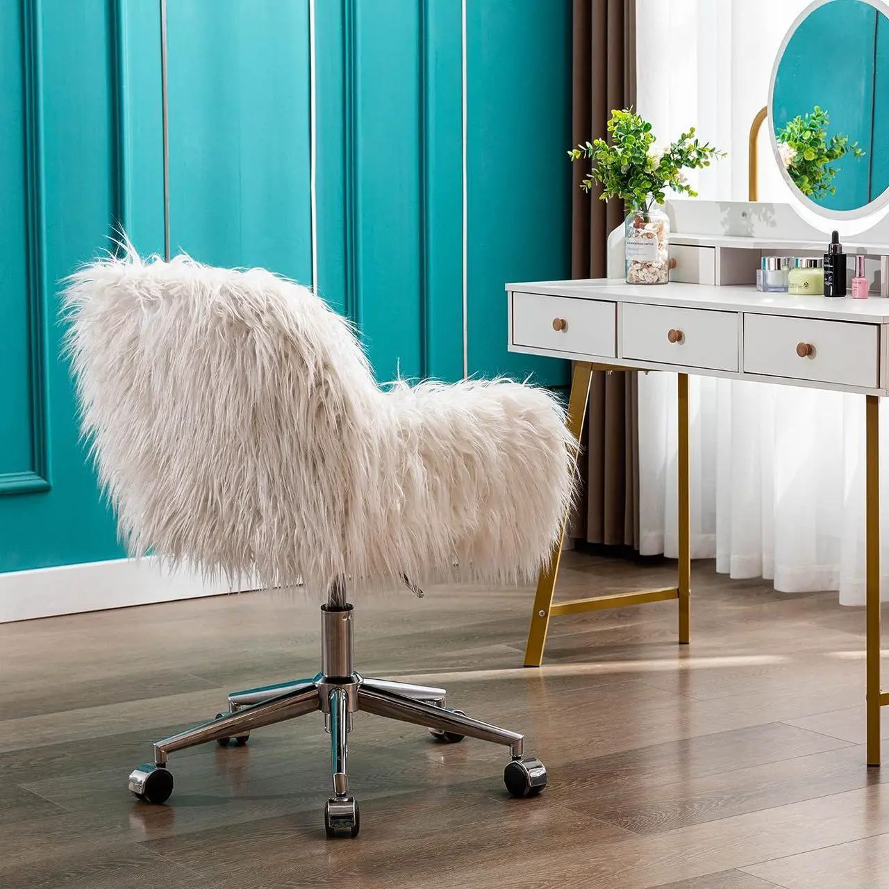 Alt view image 7 of 7 - KCC Fluffy Office Desk Chair, Faux Fur Modern Swivel Armchair with Wheels, Soft Comfy Fuzzy Elegant Accent Makeup Vanity Chairs for Women Girls, Home Living Dressing Room Bedroom, White
