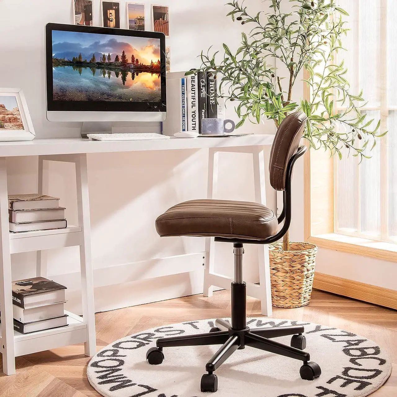 Alt view image 2 of 7 - Giantex Leather Office Chair, Armless Low-Back Computer Desk Chair, Retro Swivel Rolling Task Chair Height Adjustable PU Leisure Office Chair for Kids Teens Adults (Brown)
