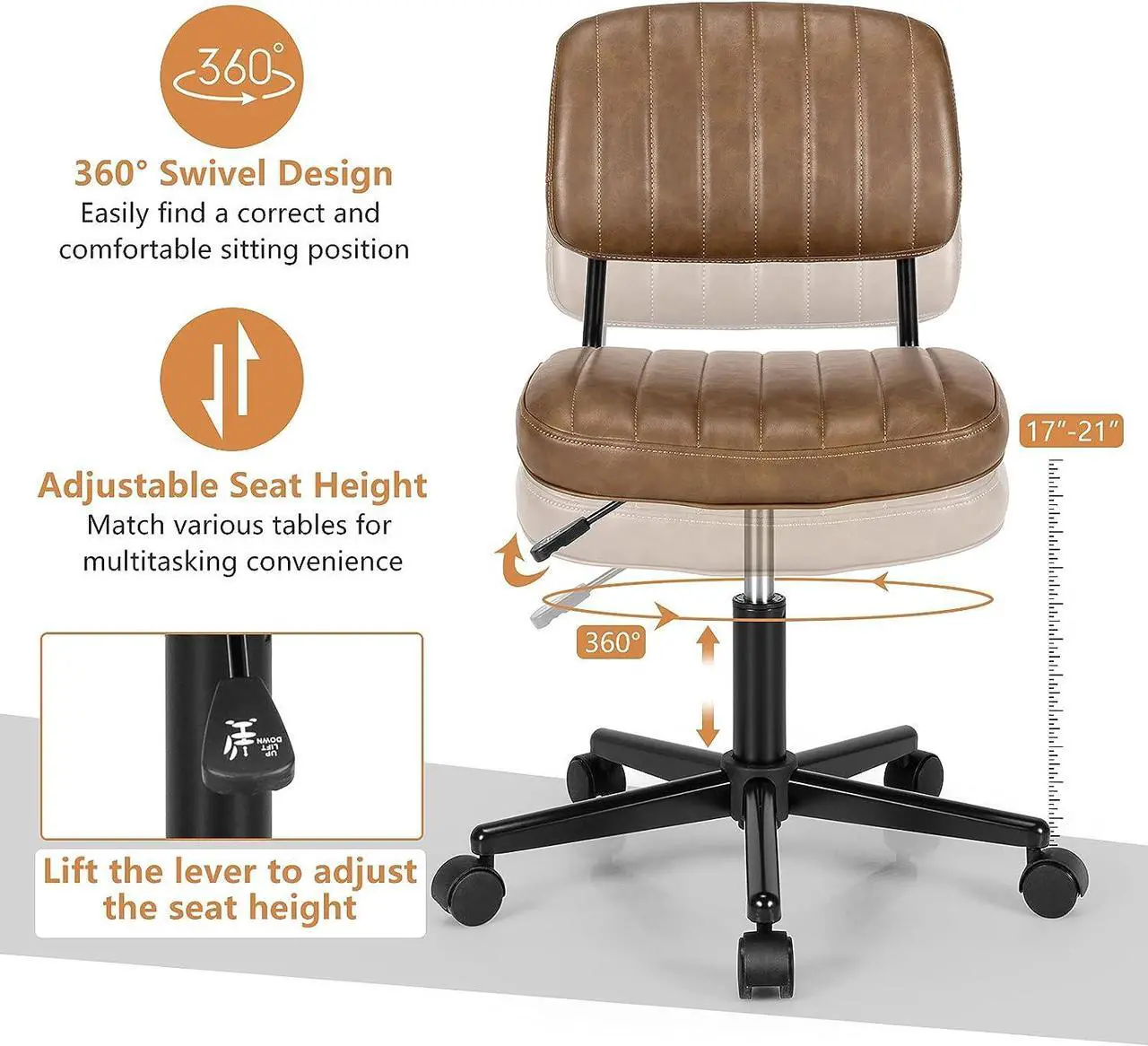 Alt view image 3 of 7 - Giantex Leather Office Chair, Armless Low-Back Computer Desk Chair, Retro Swivel Rolling Task Chair Height Adjustable PU Leisure Office Chair for Kids Teens Adults (Brown)