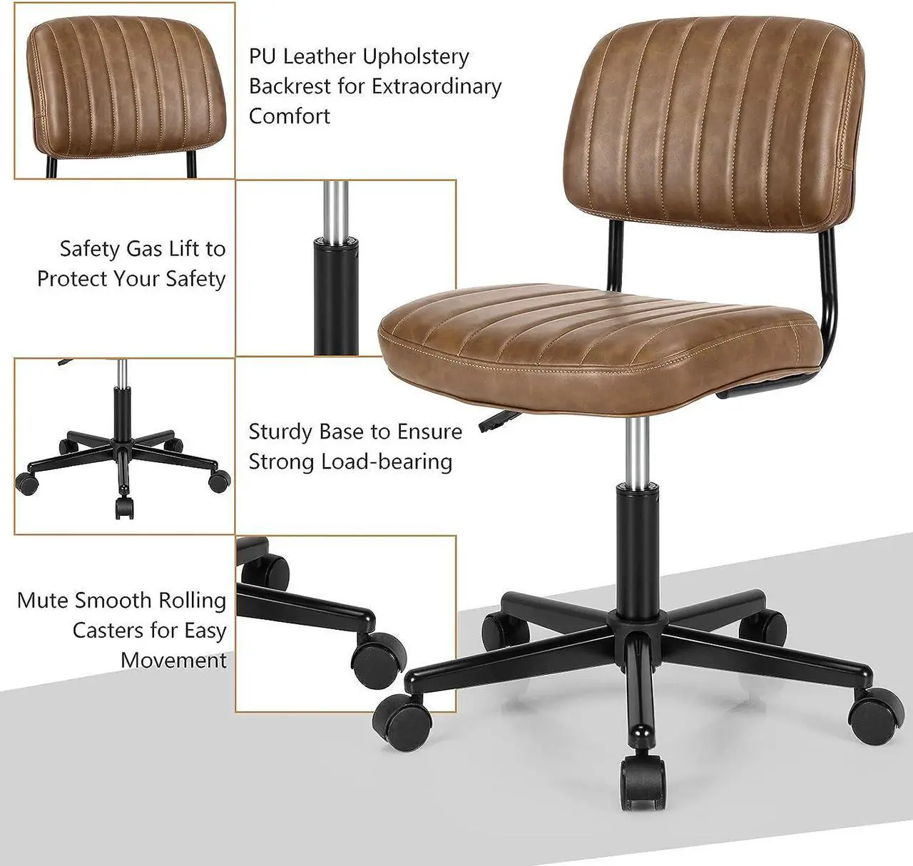 Alt view image 4 of 7 - Giantex Leather Office Chair, Armless Low-Back Computer Desk Chair, Retro Swivel Rolling Task Chair Height Adjustable PU Leisure Office Chair for Kids Teens Adults (Brown)