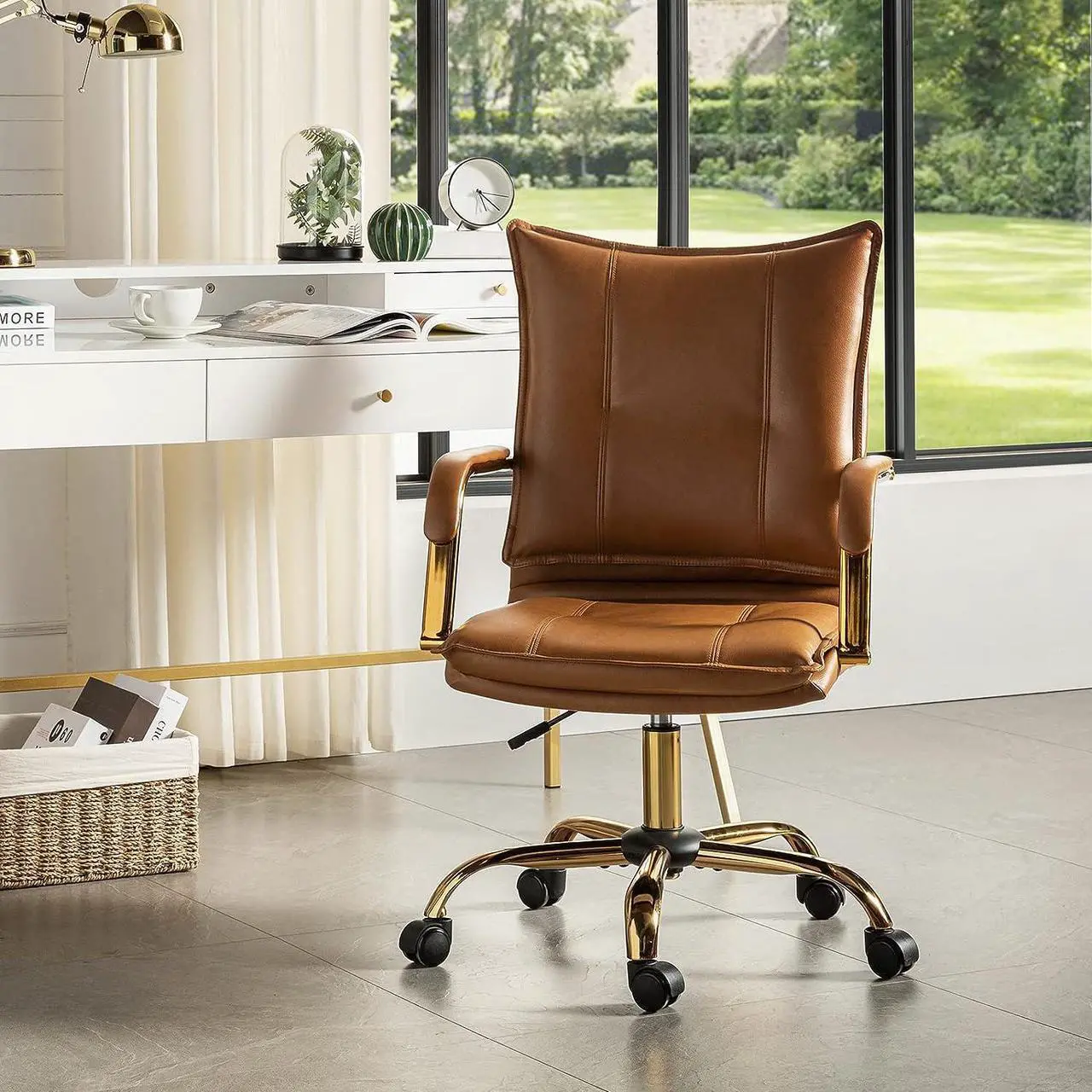 Main image of HULALA HOME Faux Leather Home Office Desk Chair, Adjustable Swivel Computer Chair with Golden Legs and Arms, Comfy Upholstered Task Chair,Camel