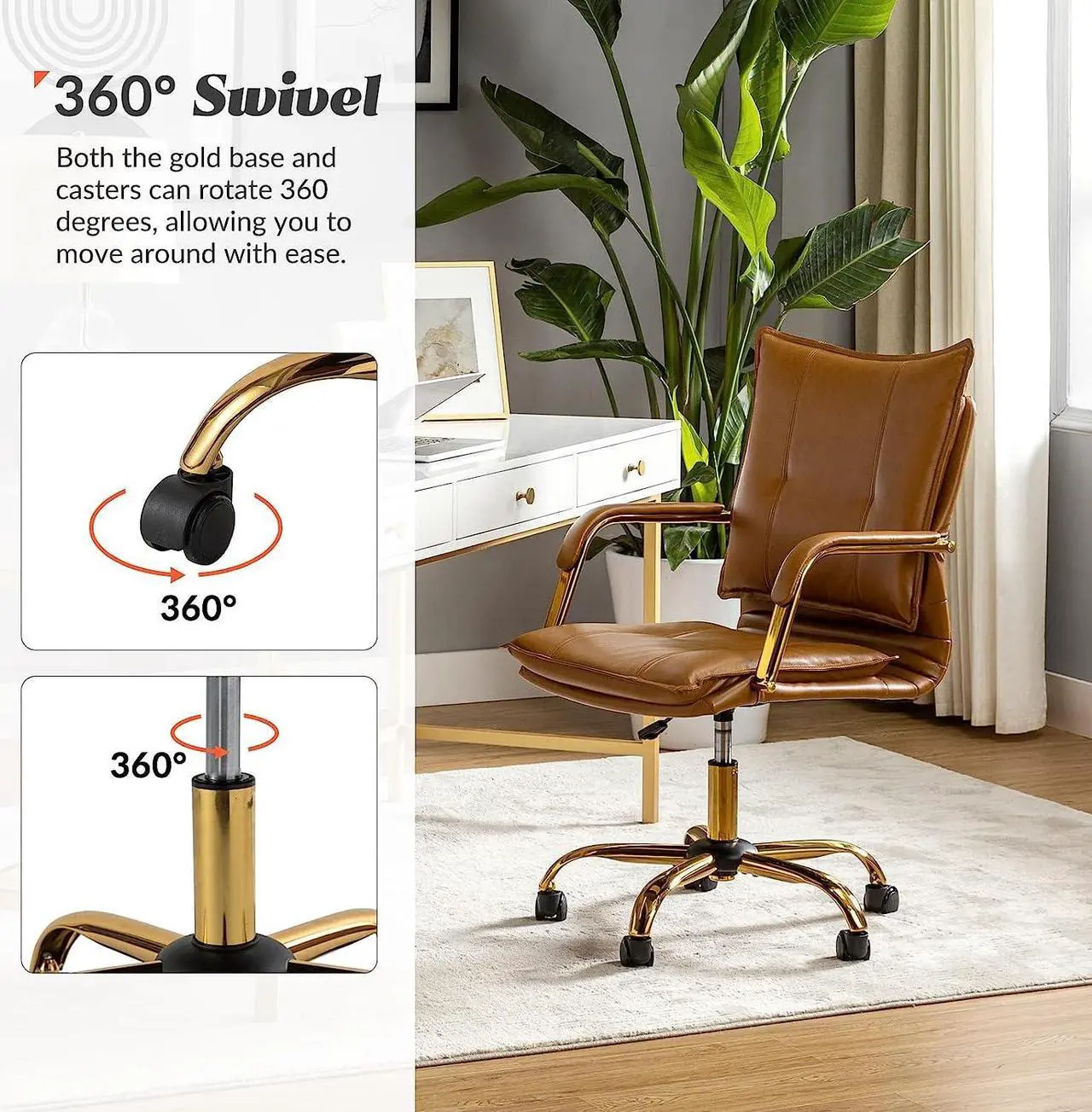 Alt view image 4 of 7 - HULALA HOME Faux Leather Home Office Desk Chair, Adjustable Swivel Computer Chair with Golden Legs and Arms, Comfy Upholstered Task Chair,Camel