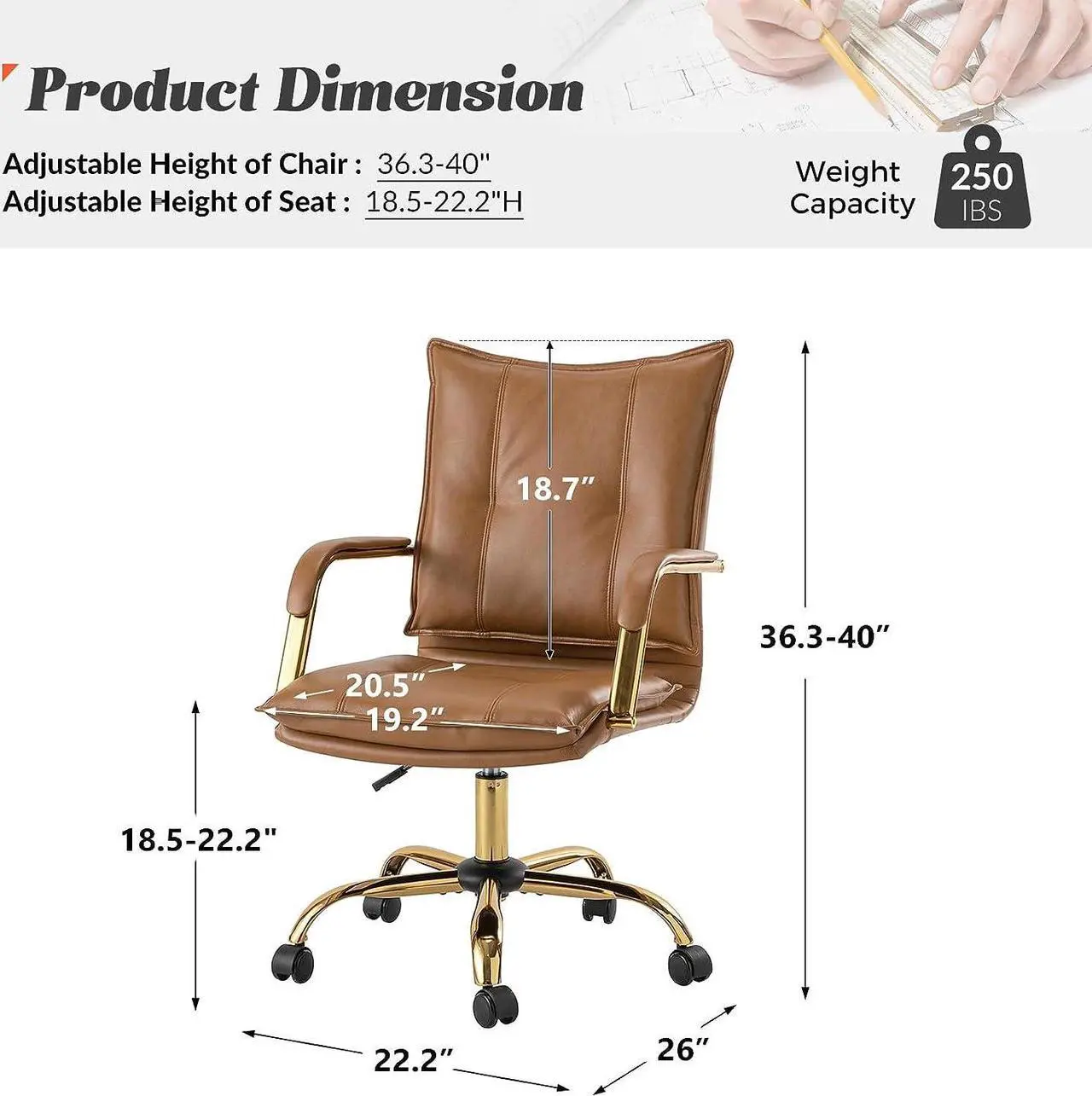 Alt view image 2 of 7 - HULALA HOME Faux Leather Home Office Desk Chair, Adjustable Swivel Computer Chair with Golden Legs and Arms, Comfy Upholstered Task Chair,Camel