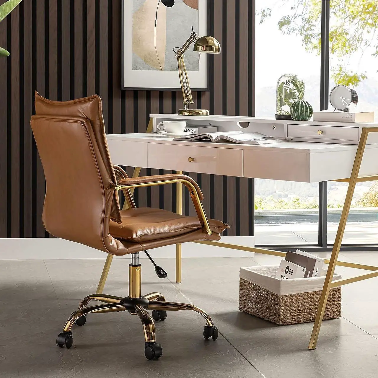 Alt view image 6 of 7 - HULALA HOME Faux Leather Home Office Desk Chair, Adjustable Swivel Computer Chair with Golden Legs and Arms, Comfy Upholstered Task Chair,Camel