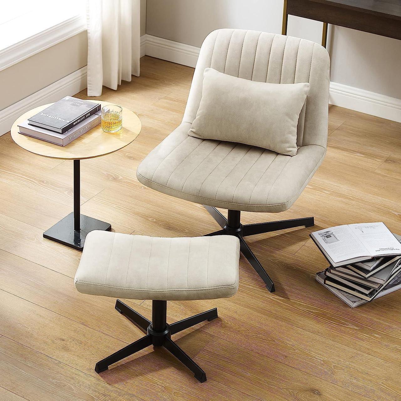Main image of Art Leon Desk Chair No Wheels, with Foot Rest Stool and Lumbar Pillow, Mid Century Modern Rocking Mid Back Ergonomic Office Chair, Swivel Accent Chair for Living Room Bedroom, Velvet Tufted, Off White