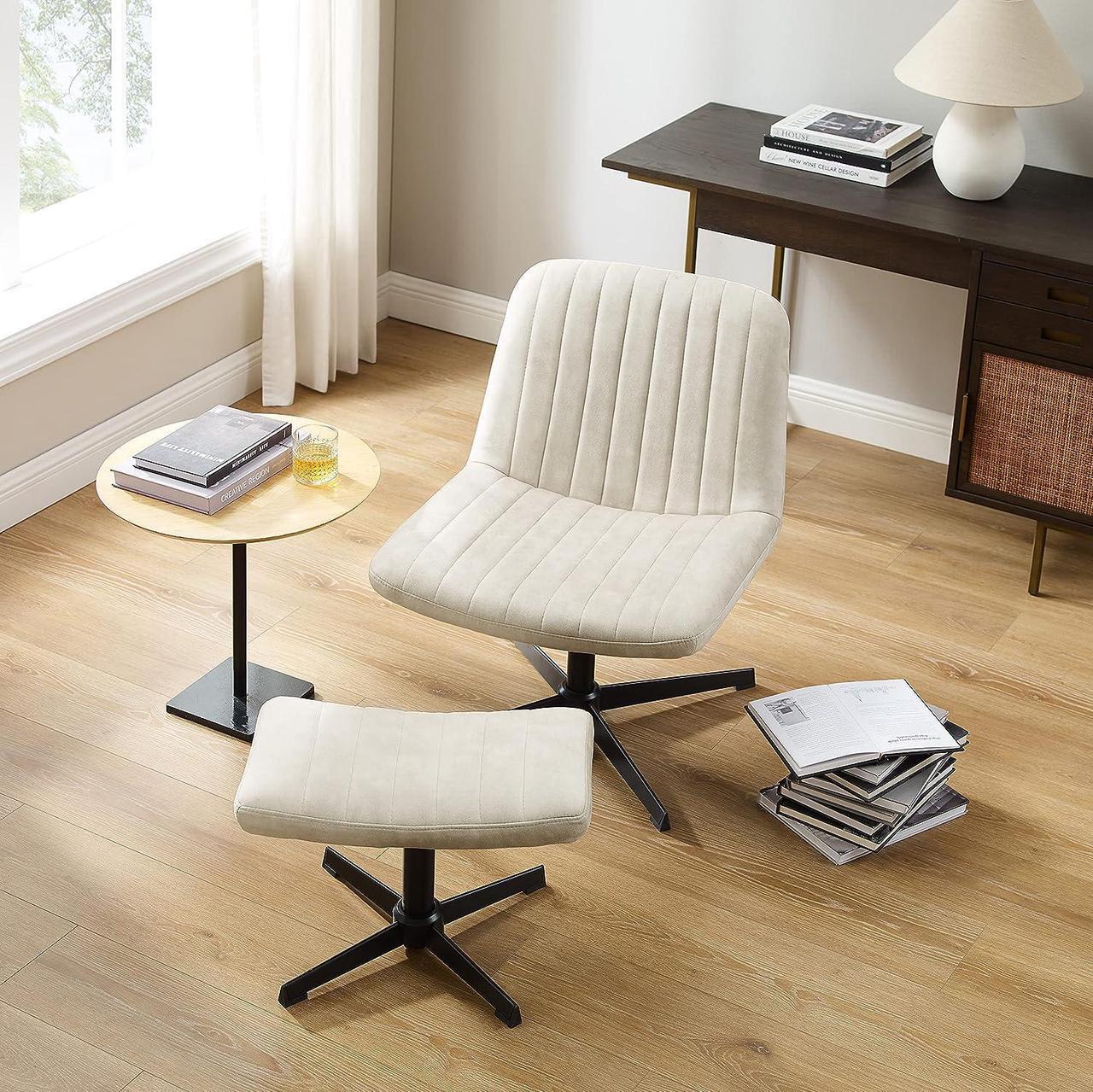 Alt view image 7 of 7 - Art Leon Desk Chair No Wheels, with Foot Rest Stool and Lumbar Pillow, Mid Century Modern Rocking Mid Back Ergonomic Office Chair, Swivel Accent Chair for Living Room Bedroom, Velvet Tufted, Off White