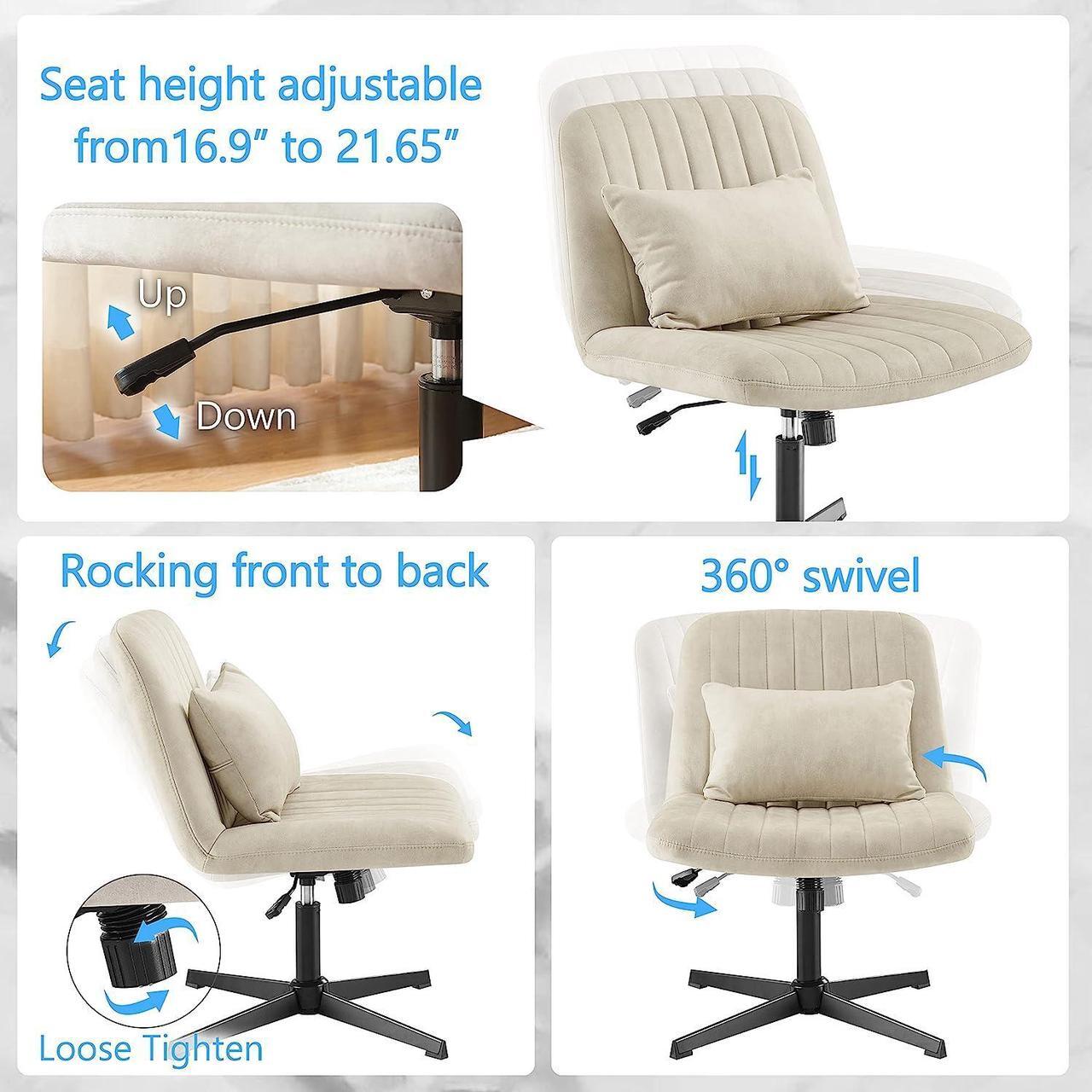 Alt view image 3 of 7 - Art Leon Desk Chair No Wheels, with Foot Rest Stool and Lumbar Pillow, Mid Century Modern Rocking Mid Back Ergonomic Office Chair, Swivel Accent Chair for Living Room Bedroom, Velvet Tufted, Off White