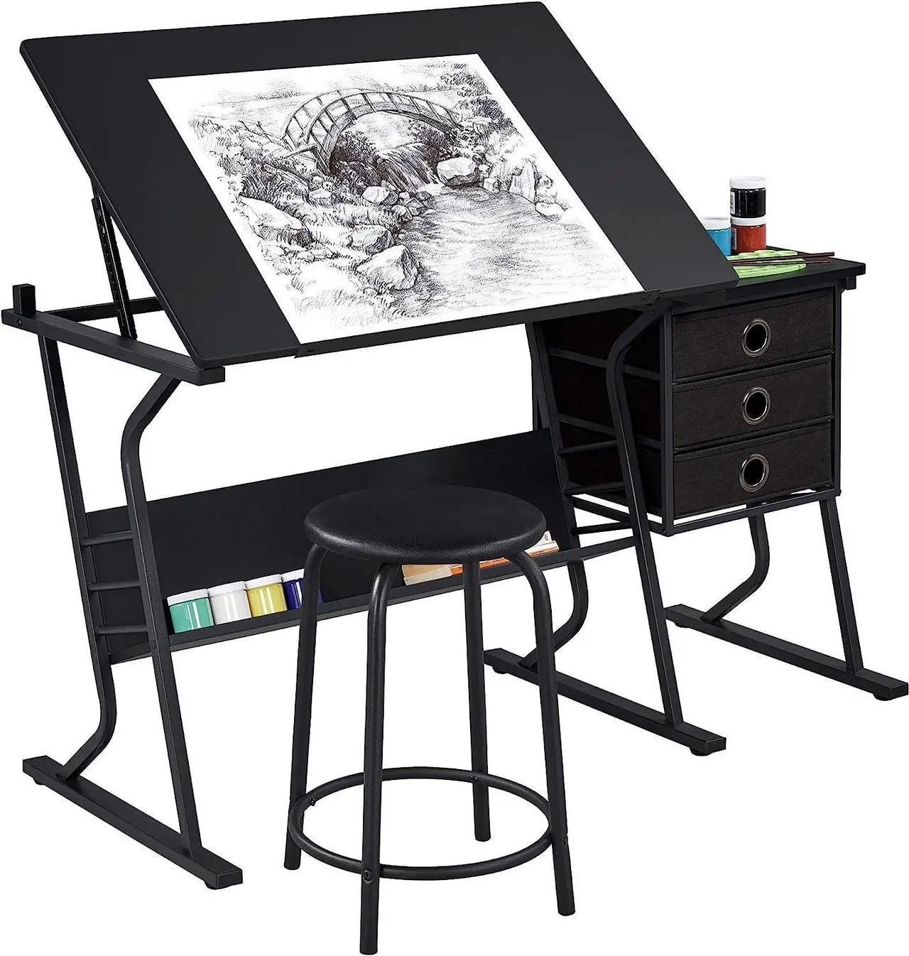 Main image of Topeakmart Height Adjustable Drafting Table Art Craft Desk Work Station Hobby Design Studio Tiltable Tabletop Drawing Desk with Stool & Storage Drawers