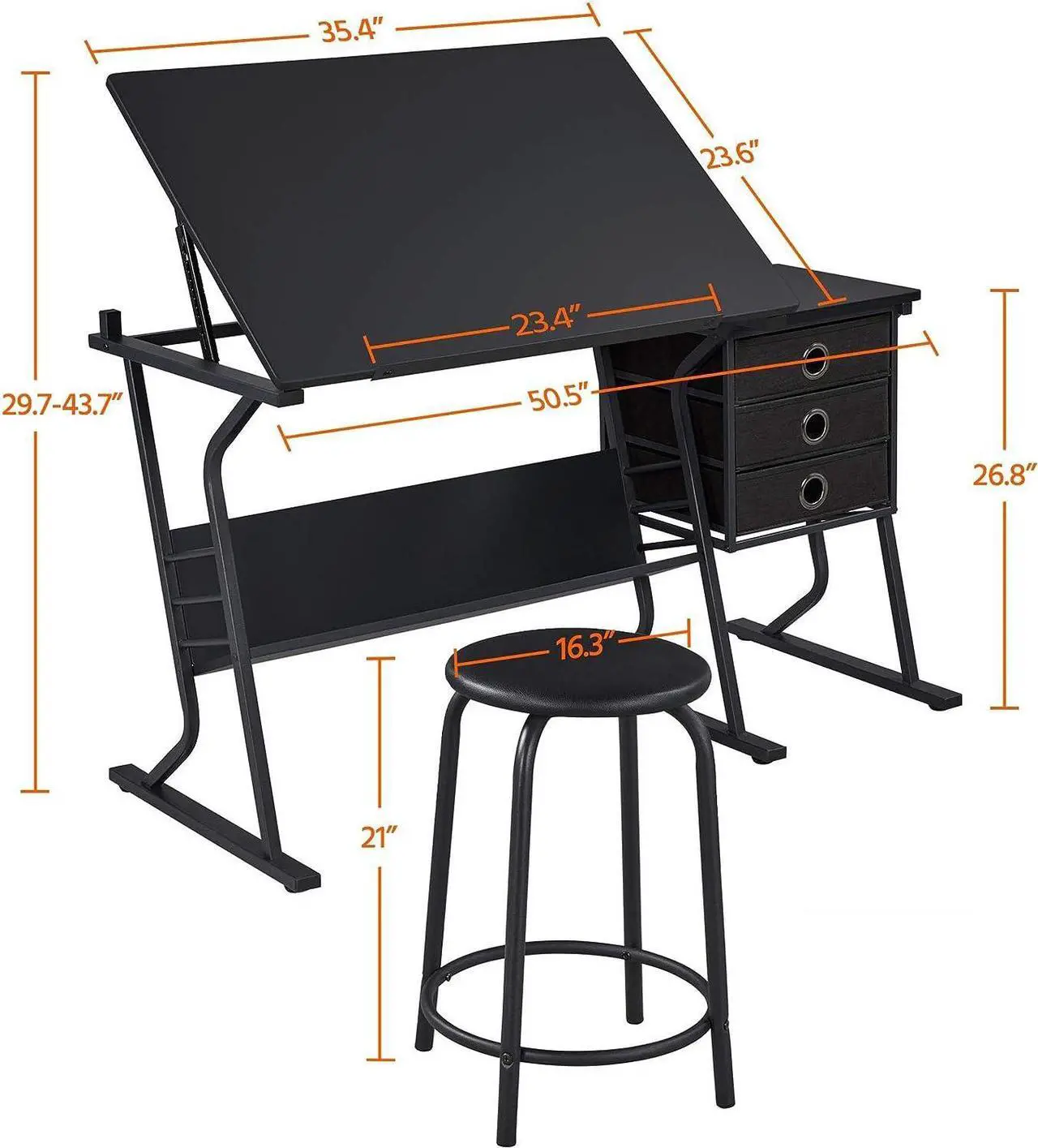 Alt view image 2 of 7 - Topeakmart Height Adjustable Drafting Table Art Craft Desk Work Station Hobby Design Studio Tiltable Tabletop Drawing Desk with Stool & Storage Drawers