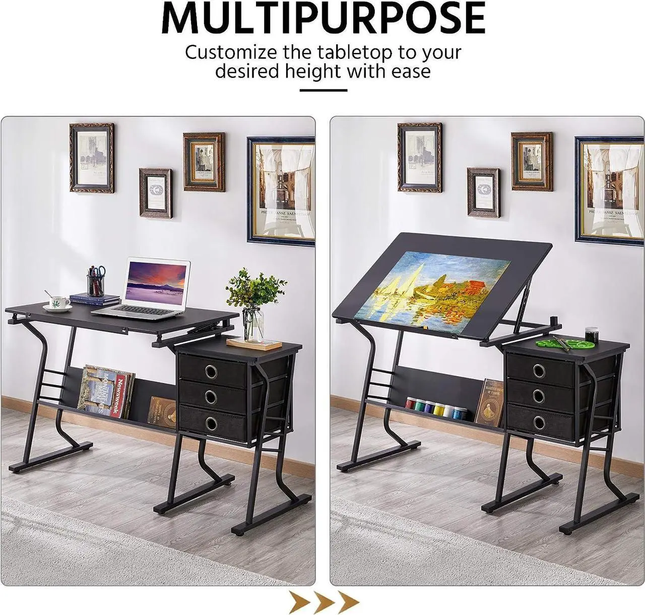 Alt view image 3 of 7 - Topeakmart Height Adjustable Drafting Table Art Craft Desk Work Station Hobby Design Studio Tiltable Tabletop Drawing Desk with Stool & Storage Drawers