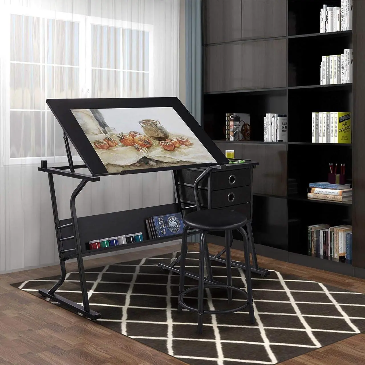 Alt view image 5 of 7 - Topeakmart Height Adjustable Drafting Table Art Craft Desk Work Station Hobby Design Studio Tiltable Tabletop Drawing Desk with Stool & Storage Drawers