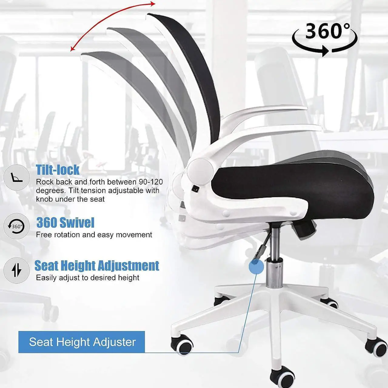 Alt view image 4 of 6 - IPKIG Foldable Office Chair - Home Office Desk Chairs with Wheels and Flip-Up Arms - Foldable Backrest Mesh Computer Chair Adjustable Swivel Rolling Home Executive (White), Welcome to consult