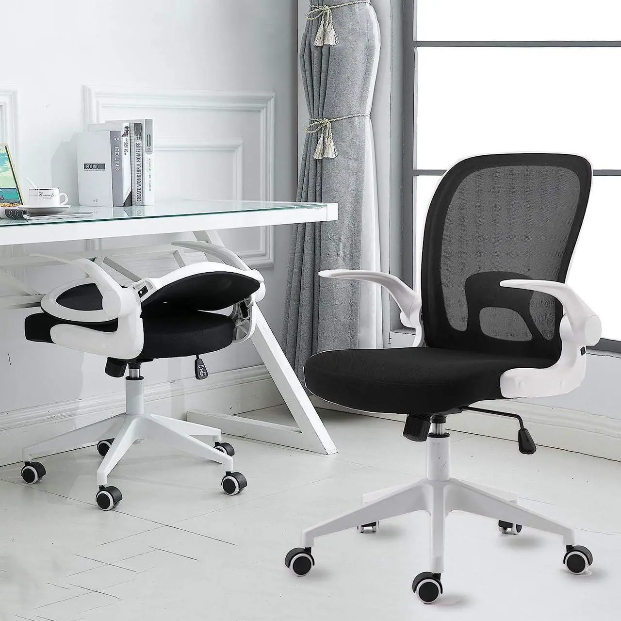 Main image of IPKIG Foldable Office Chair - Home Office Desk Chairs with Wheels and Flip-Up Arms - Foldable Backrest Mesh Computer Chair Adjustable Swivel Rolling Home Executive (White), Welcome to consult