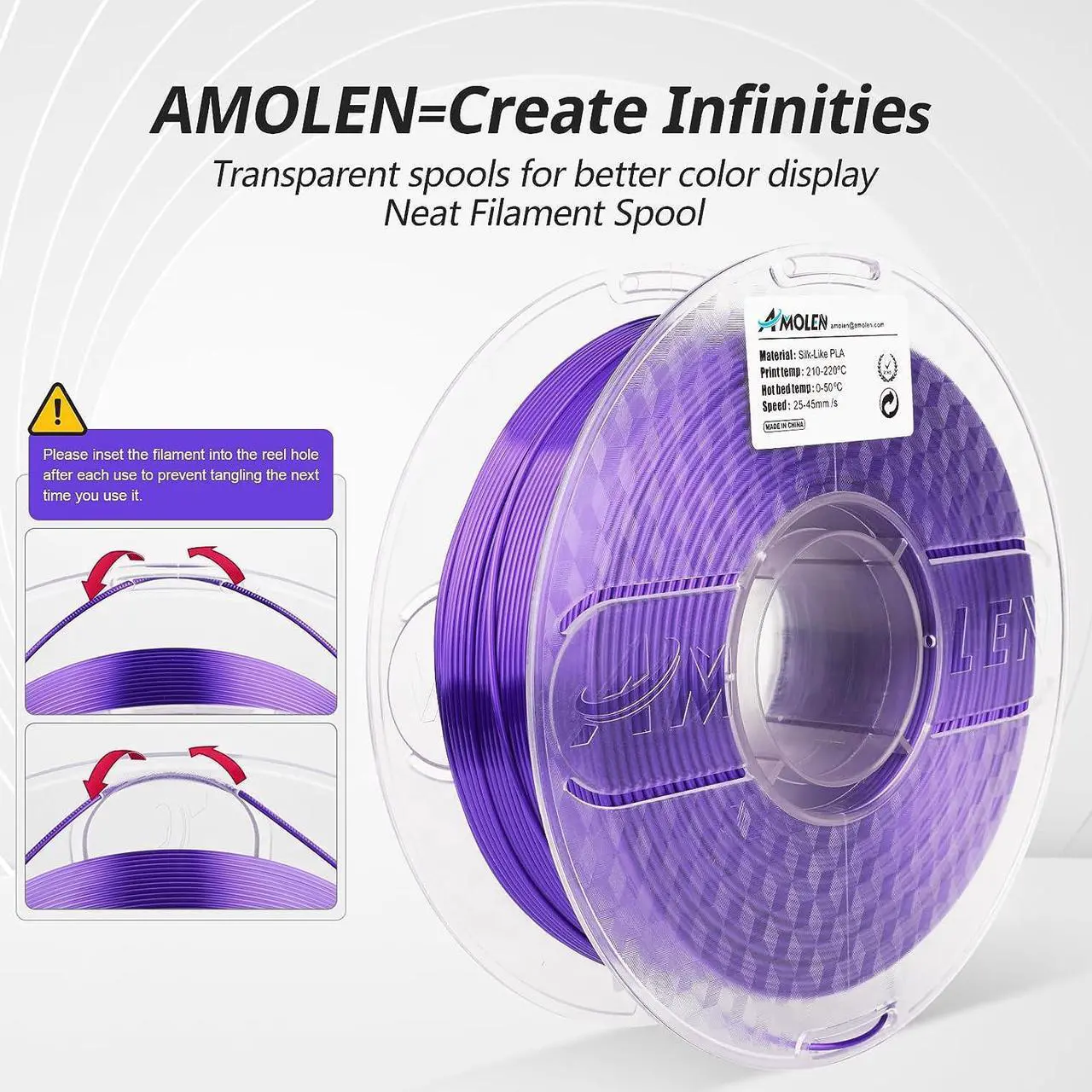Alt view image 4 of 6 - AMOLEN Silk PLA 3D Printer Filament, Shiny Silk Purple PLA Filament 1.75mm, 3D Printing PLA Filament for Most FDM 3D Printer, 1kg Spool(2.2lbs), Welcome to consult