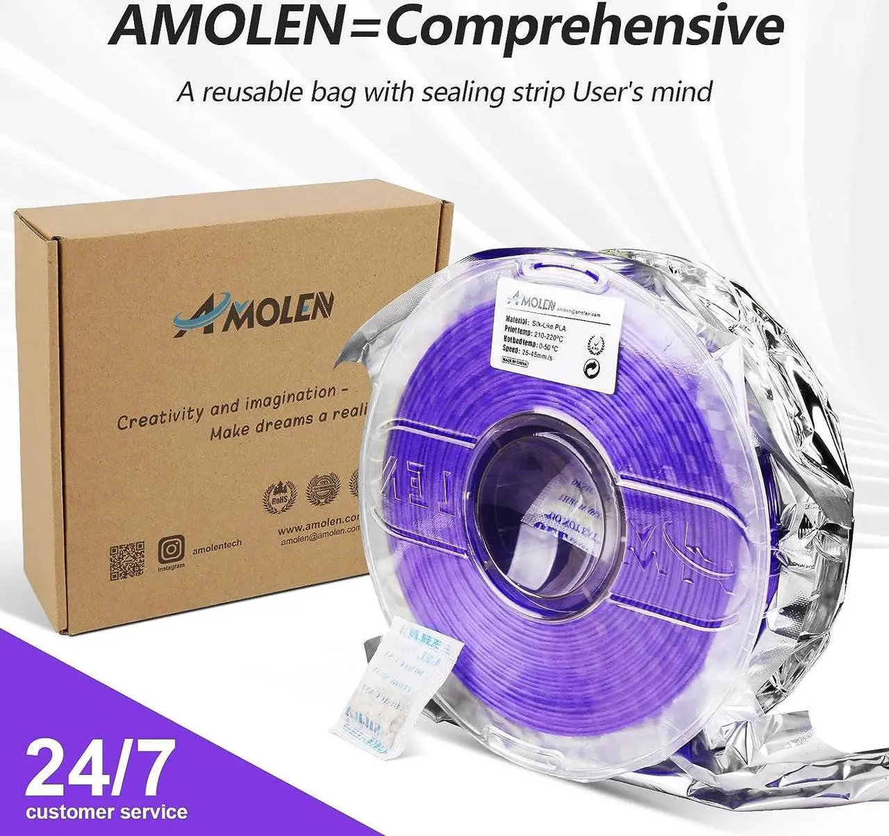 Alt view image 5 of 6 - AMOLEN Silk PLA 3D Printer Filament, Shiny Silk Purple PLA Filament 1.75mm, 3D Printing PLA Filament for Most FDM 3D Printer, 1kg Spool(2.2lbs), Welcome to consult