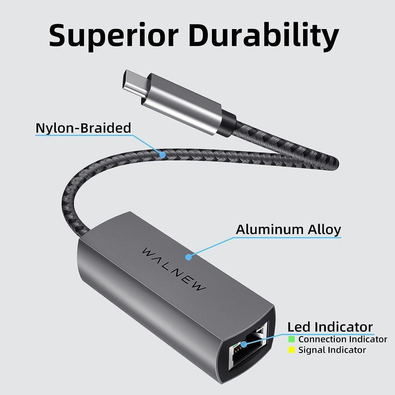 Alt view image 4 of 6 - WALNEW USB-C 2.5gb Ethernet Adapter, USBC to RJ45 LAN Connector,2.5 Gigabit Network Cable Converter Thunderbolt 3 for NAS Server,Mac,iMac,MacBook Pro,iPad Air,Dell XPS 17 15,Surface Laptop,Chromebook