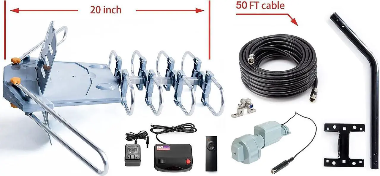 Alt view image 5 of 7 - PBD Digital Outdoor TV Antenna, 150 Mile Motorized 360 Degree Rotation Support 2 TVs, Grounding Block, Mounting Pole, 50FT RG6 Coax Cable, Wireless Remote Control, UHF/VHF, Snap-On Installation