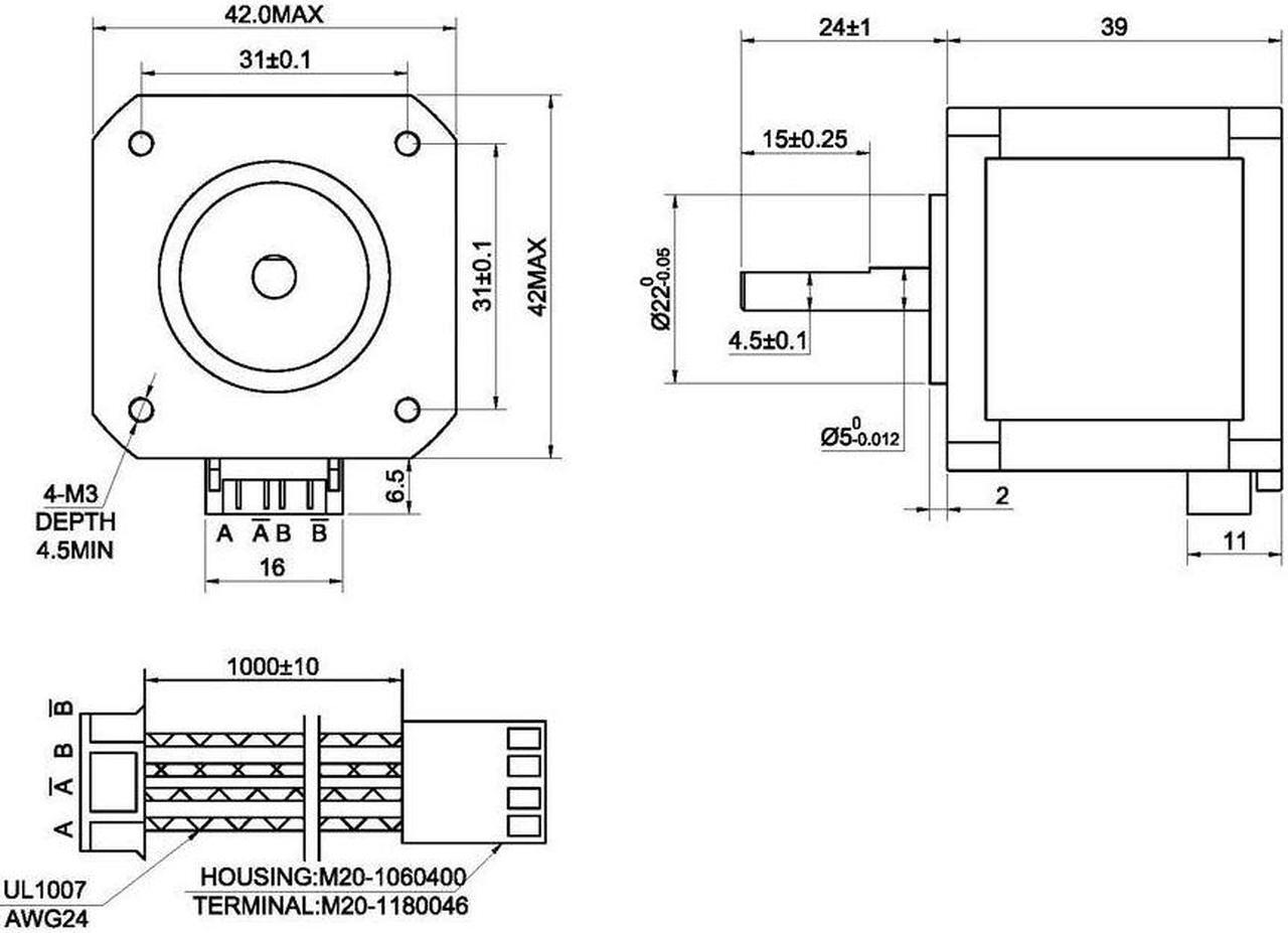 Alt view image 6 of 6 - 5PCS Nema 17 Stepper Motor 1.5A 12V 45Ncm (63.74oz.in) 4-Lead 39mm Body W/ 1m Cable and Connector for DIY CNC/ 3D Printer/Extruder