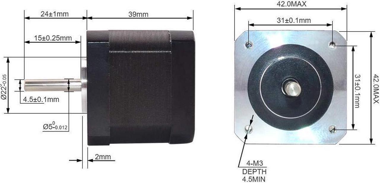 Alt view image 4 of 6 - 5PCS Nema 17 Stepper Motor 1.5A 12V 45Ncm (63.74oz.in) 4-Lead 39mm Body W/ 1m Cable and Connector for DIY CNC/ 3D Printer/Extruder
