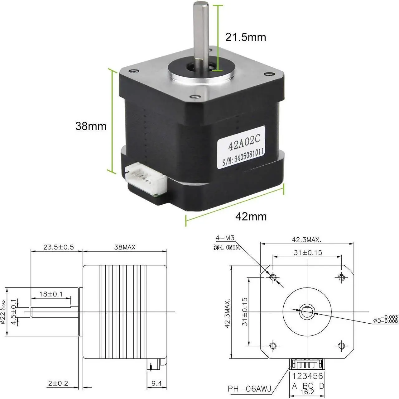 Alt view image 6 of 7 - Nema 17 Stepper Motor 3PCS, 2 Phase Step Motor Bipolar 1.5A 59.5oz.in(42Ncm) 42x42x38mm 4-Wire 30cm Long Cable for 3D Printer (3, 42A02C-XH2.54)