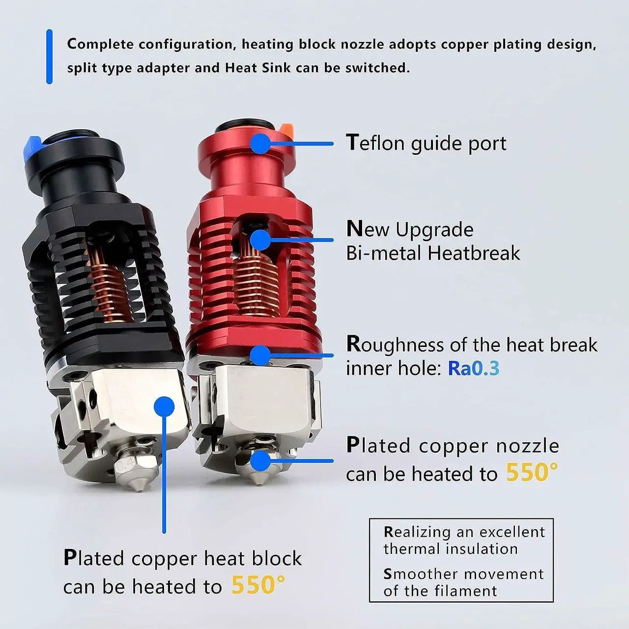 Alt view image 3 of 7 - Upgrade Red Lizard k1 V6 Dragon Hotend Plated Copper Nozzle Block Compatible with Voron 2.4 0.1 CR10 Ender 3 V2 Pro Ender 5 Prusa I3 MK3s Titan DDB Extruder 3D Printer