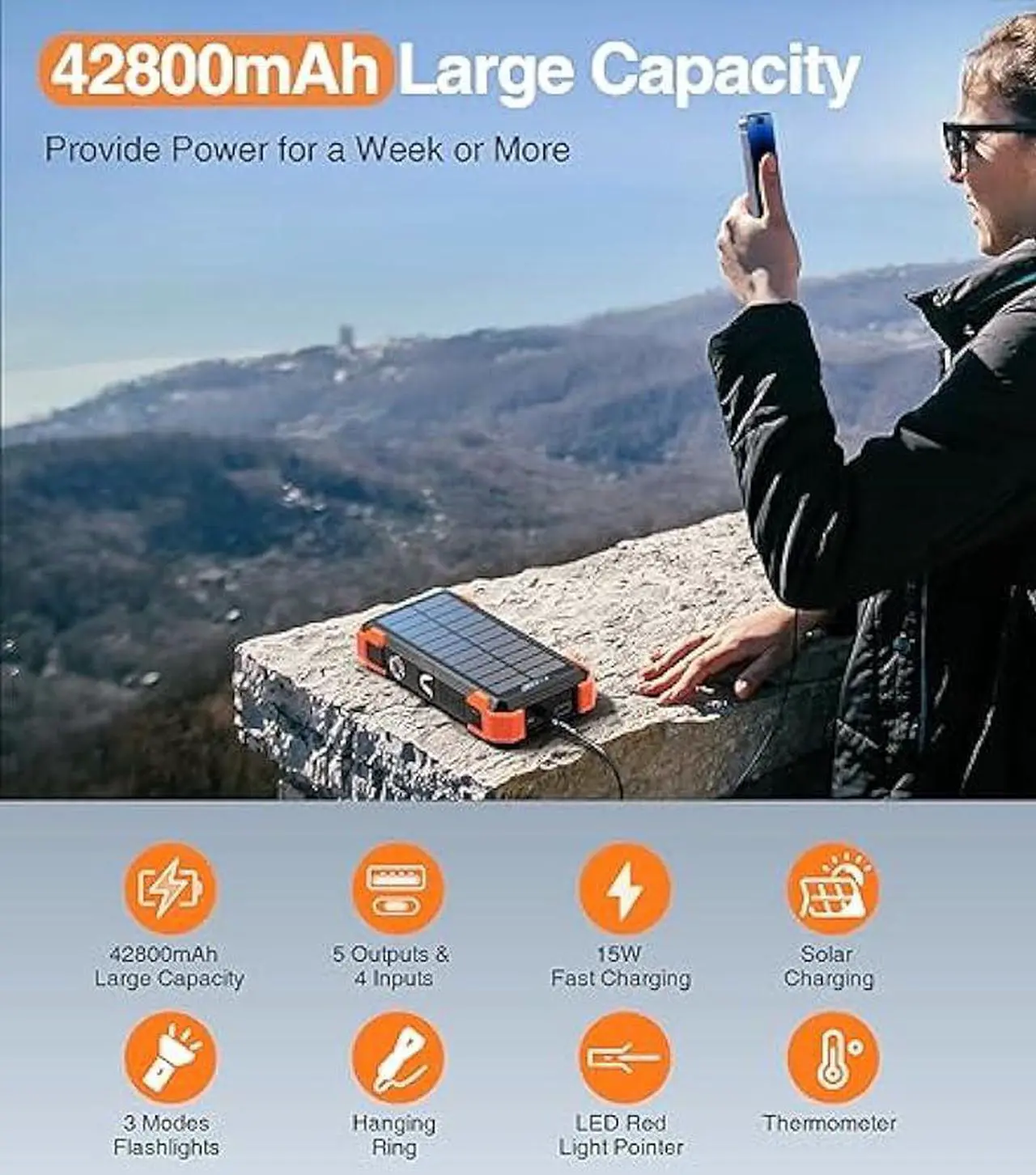 Alt view image 2 of 6 - GOODaaa Power Bank Solar Charger 42800mAh Built in 4 Cables and Thermometer 15W Fast Charging Power Bank Five Outputs Three Inputs Solar Charger Power Bank, SOS/Strobe/Strong Flashlights, Carabiner