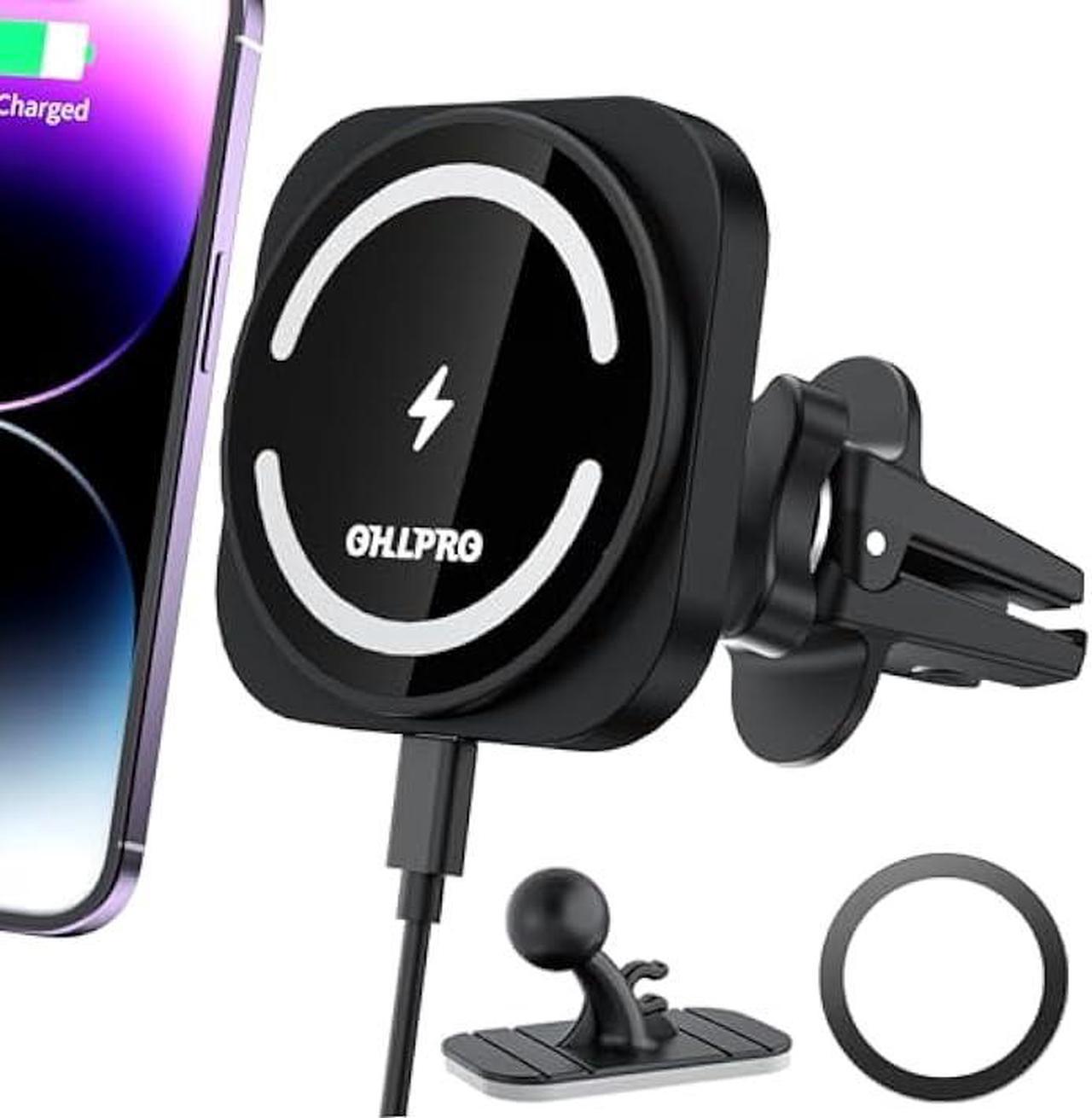 OHLPRO Magnetic Wireless Car Charger for Magsafe Car Mount iPhone 15/14/13/12 Pro Max Mini,15W Fast Charging Phone Holder Car Air Vent Mount with Stick on Dashboard