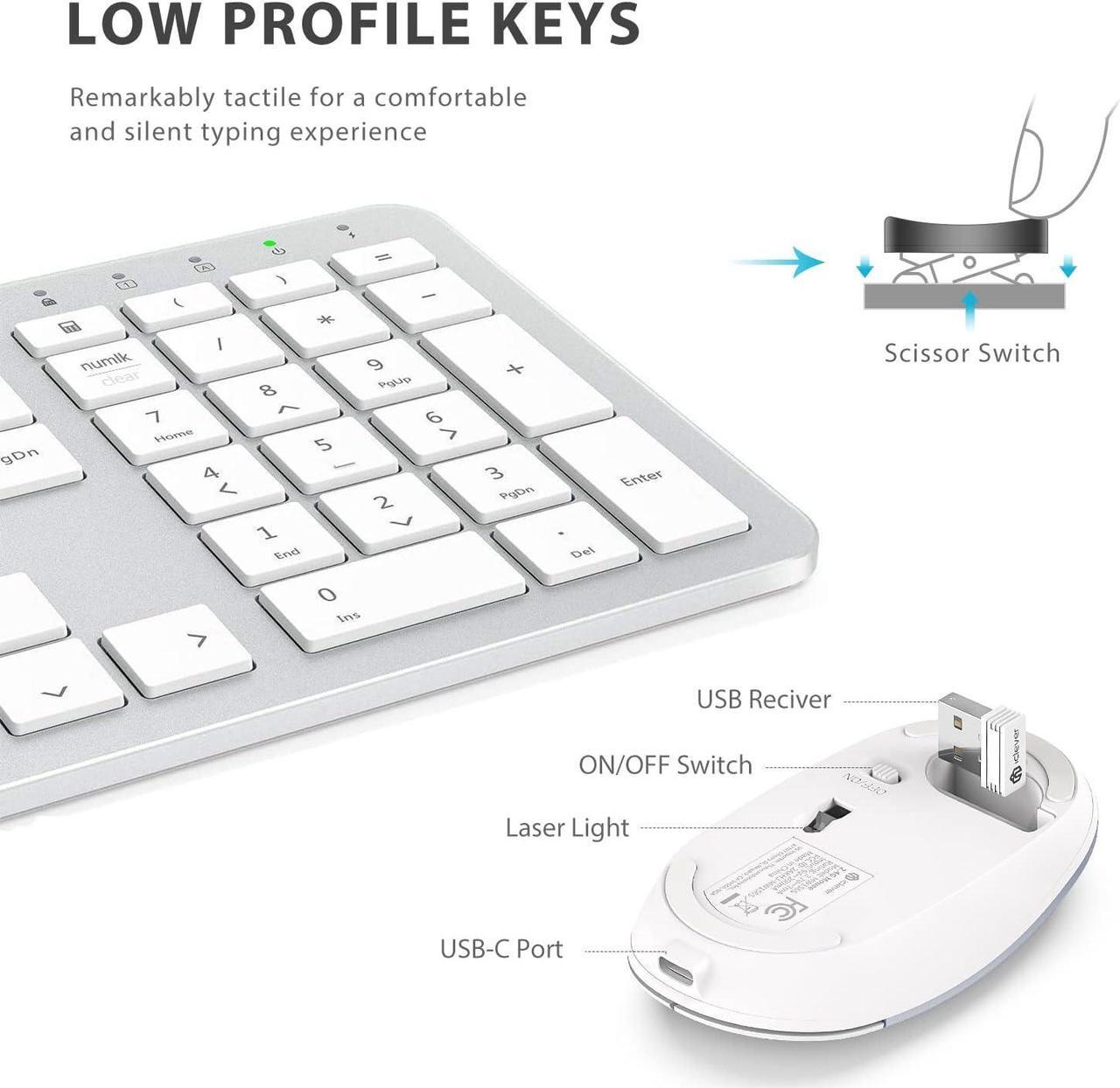 Alt view image 4 of 7 - iClever Wireless Keyboard and Mouse, GK08 White Keyboard Mouse Combo, Ergonomic, Quiet, Full Size Design with Number Pad, 2.4G Connection for Windows and Computer