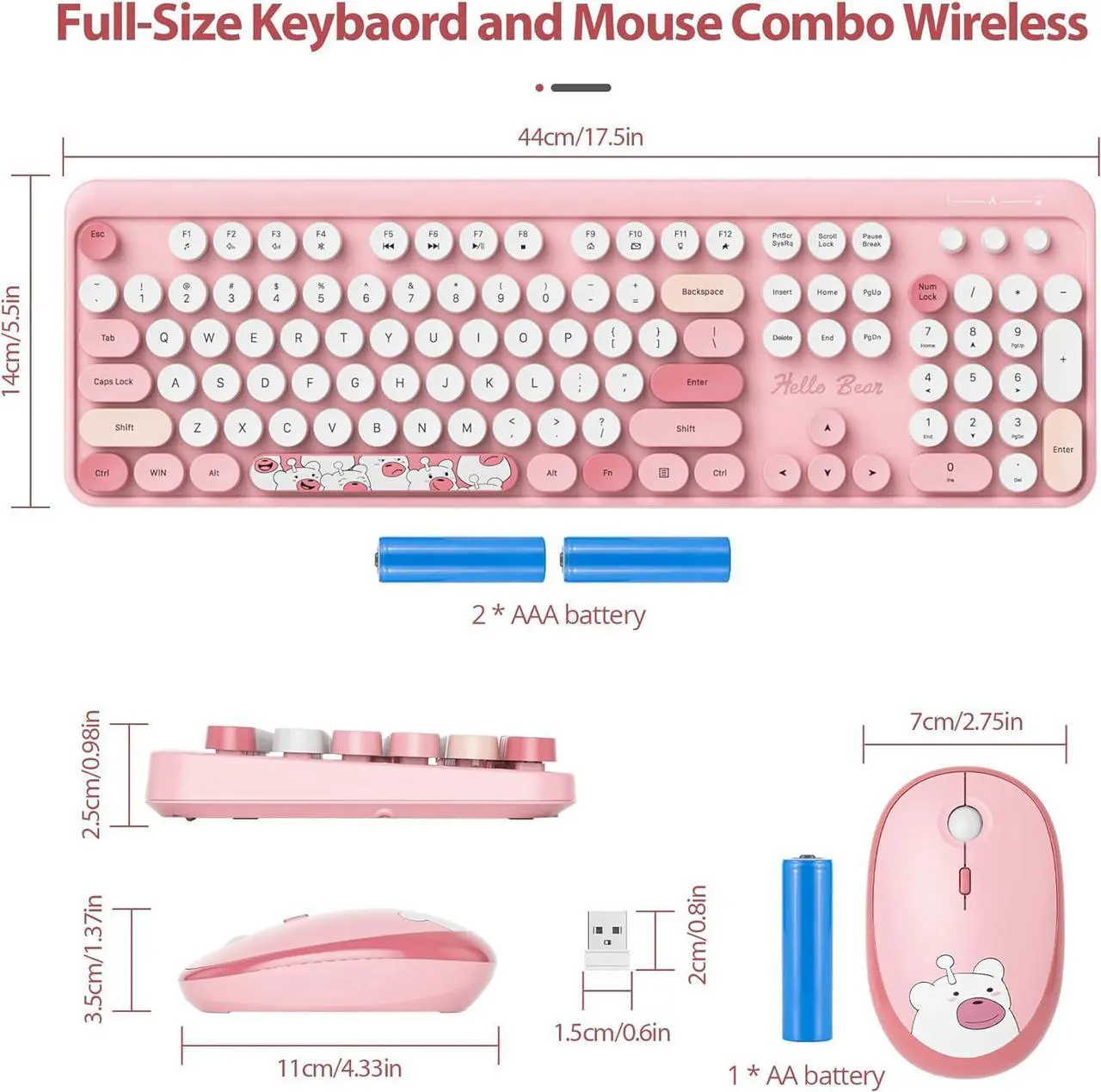 Alt view image 2 of 7 - Fogruaden Wireless Keyboard and Mouse Combo, Pink Retro Typewriter Keyboard, 2.4GHz Full Size Round Keycap Cute Computer Keyboard with Number Pad, Pink Colorful Keyboard for Windows PC Laptop(Pink)