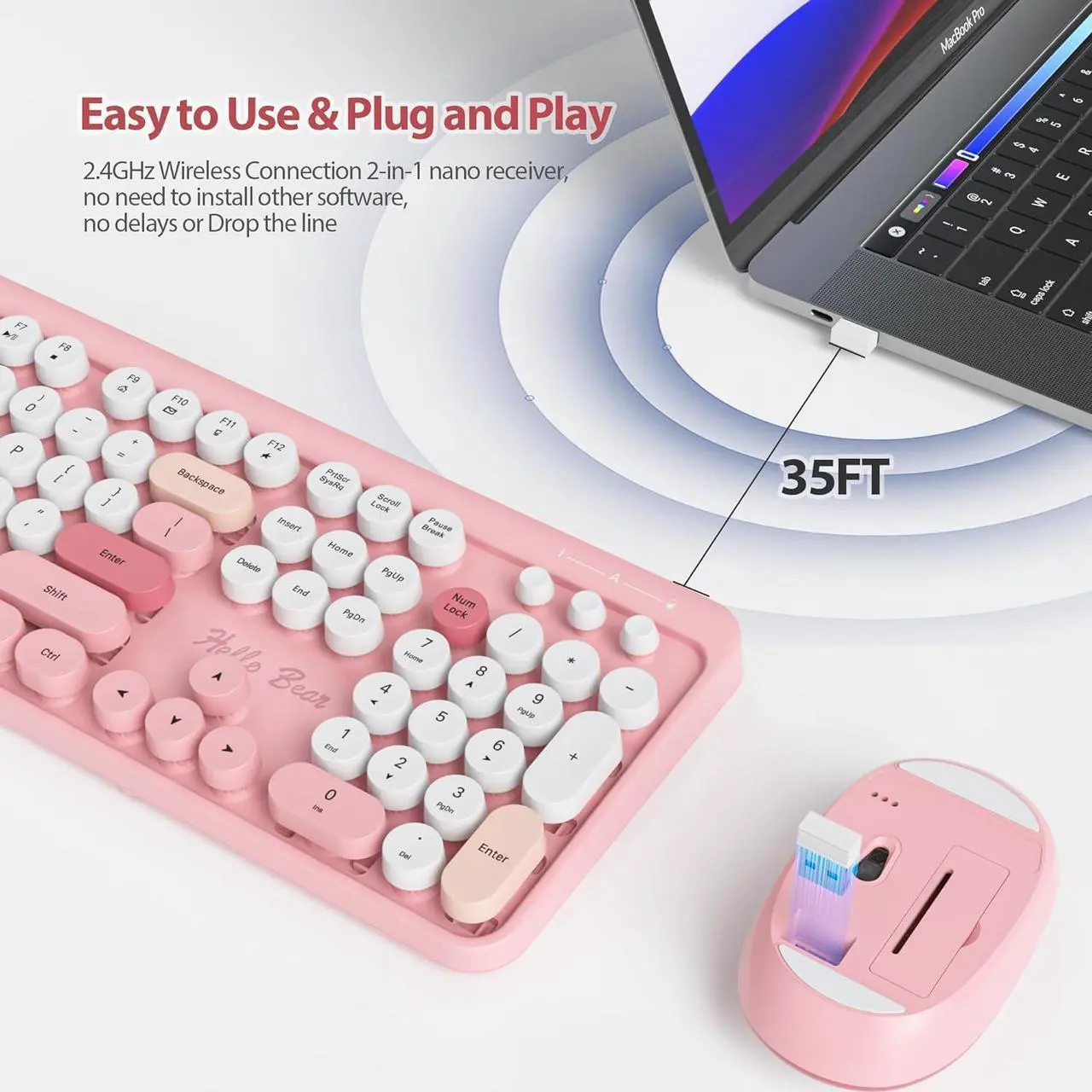 Alt view image 3 of 7 - Fogruaden Wireless Keyboard and Mouse Combo, Pink Retro Typewriter Keyboard, 2.4GHz Full Size Round Keycap Cute Computer Keyboard with Number Pad, Pink Colorful Keyboard for Windows PC Laptop(Pink)