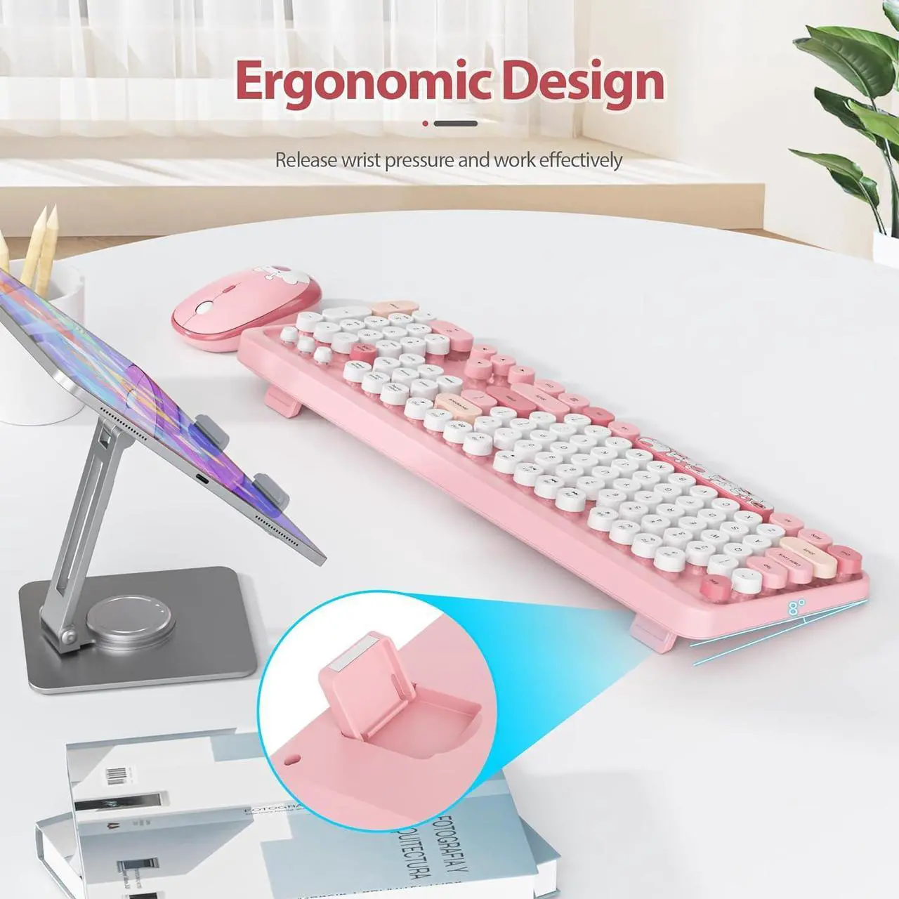 Alt view image 4 of 7 - Fogruaden Wireless Keyboard and Mouse Combo, Pink Retro Typewriter Keyboard, 2.4GHz Full Size Round Keycap Cute Computer Keyboard with Number Pad, Pink Colorful Keyboard for Windows PC Laptop(Pink)