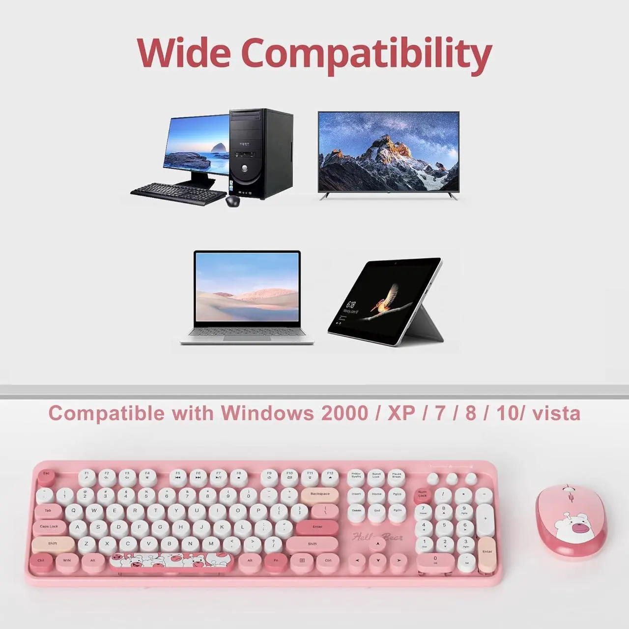 Alt view image 5 of 7 - Fogruaden Wireless Keyboard and Mouse Combo, Pink Retro Typewriter Keyboard, 2.4GHz Full Size Round Keycap Cute Computer Keyboard with Number Pad, Pink Colorful Keyboard for Windows PC Laptop(Pink)