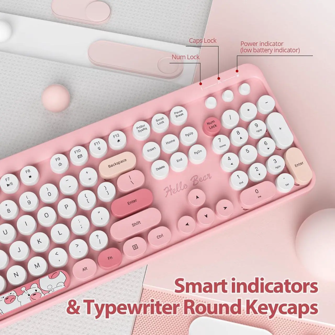 Alt view image 7 of 7 - Fogruaden Wireless Keyboard and Mouse Combo, Pink Retro Typewriter Keyboard, 2.4GHz Full Size Round Keycap Cute Computer Keyboard with Number Pad, Pink Colorful Keyboard for Windows PC Laptop(Pink)