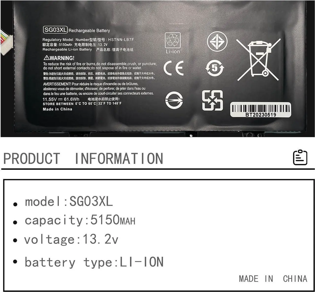 Alt view image 2 of 7 - SG03XL SGO3XL SG03061XL Laptop Battery Replacement for HP Envy 17-U000 M7-U000 17-U275CL U177CL U273CL U163CL U175NR U153NR U110NR U011NR U108CA M7-U109DX U009DX 17T-U000(11.55V 5150mAh 61.6Wh)