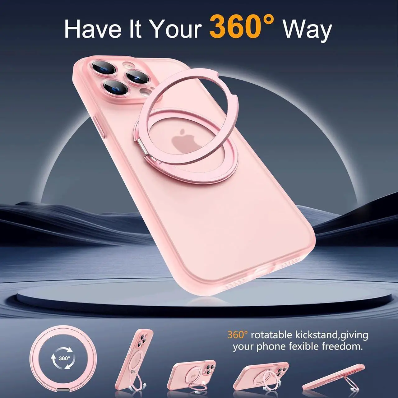 Alt view image 2 of 7 - Compatible with iPhone 12 Pro Case 6.1" [Compatible with Mag-Safe][360°Rotatable Magnetic Ring Stand] Translucent Protective Case with Ring Holder for iPhone 12 Pro,Pink