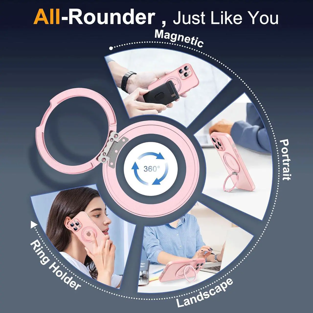 Alt view image 4 of 7 - Compatible with iPhone 12 Pro Case 6.1" [Compatible with Mag-Safe][360°Rotatable Magnetic Ring Stand] Translucent Protective Case with Ring Holder for iPhone 12 Pro,Pink