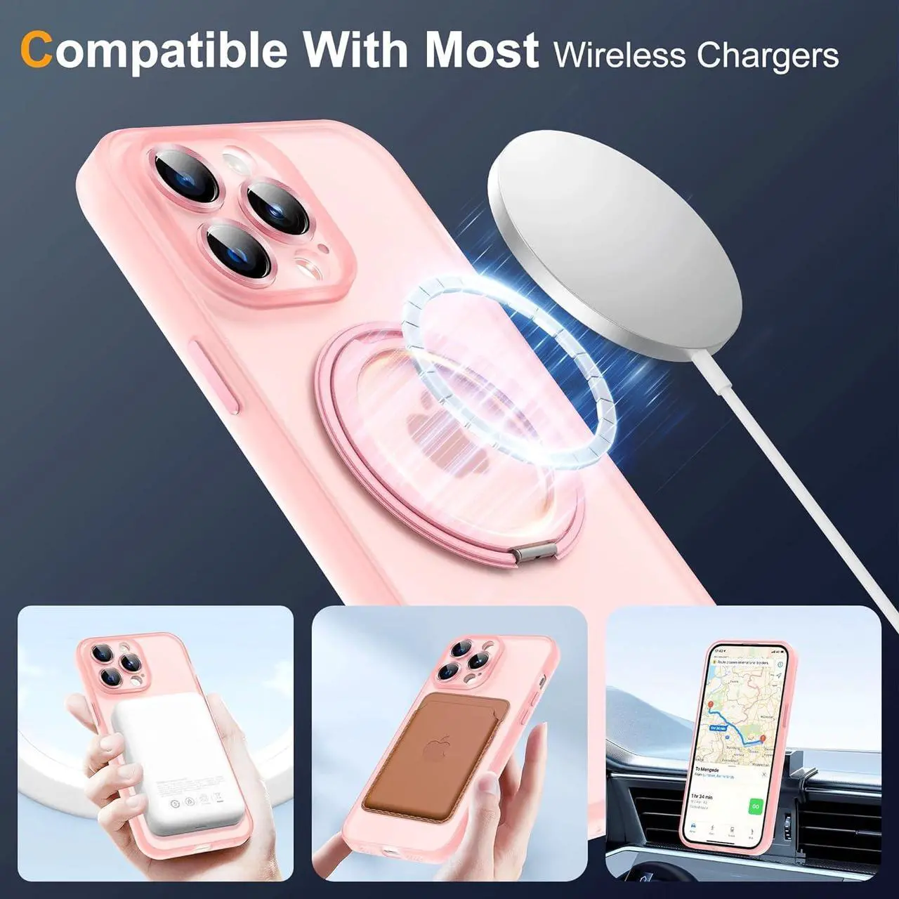 Alt view image 6 of 7 - Compatible with iPhone 12 Pro Case 6.1" [Compatible with Mag-Safe][360°Rotatable Magnetic Ring Stand] Translucent Protective Case with Ring Holder for iPhone 12 Pro,Pink